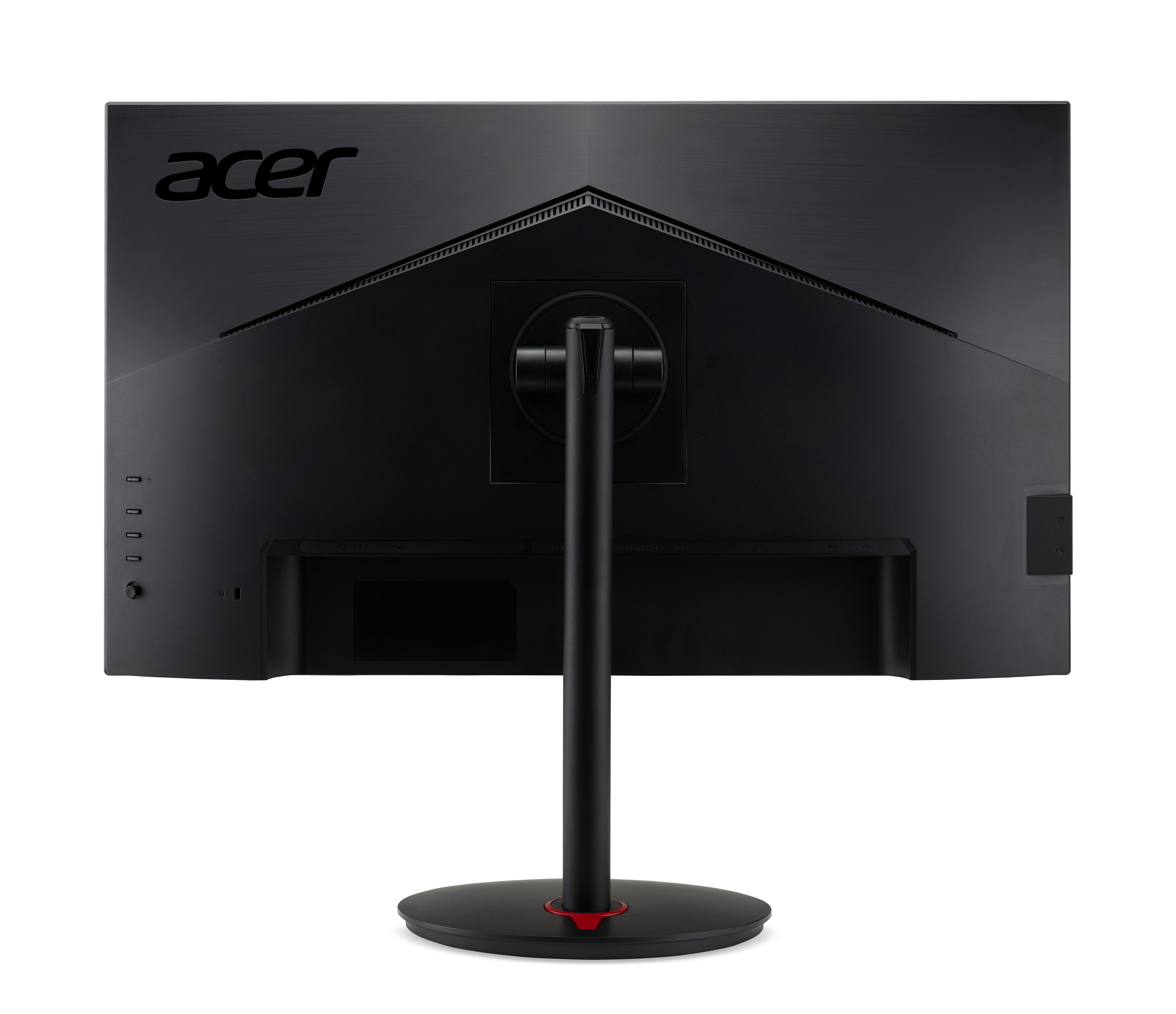 Tył monitora Acer. Czarny ze stojakiem i logo Acer u góry.