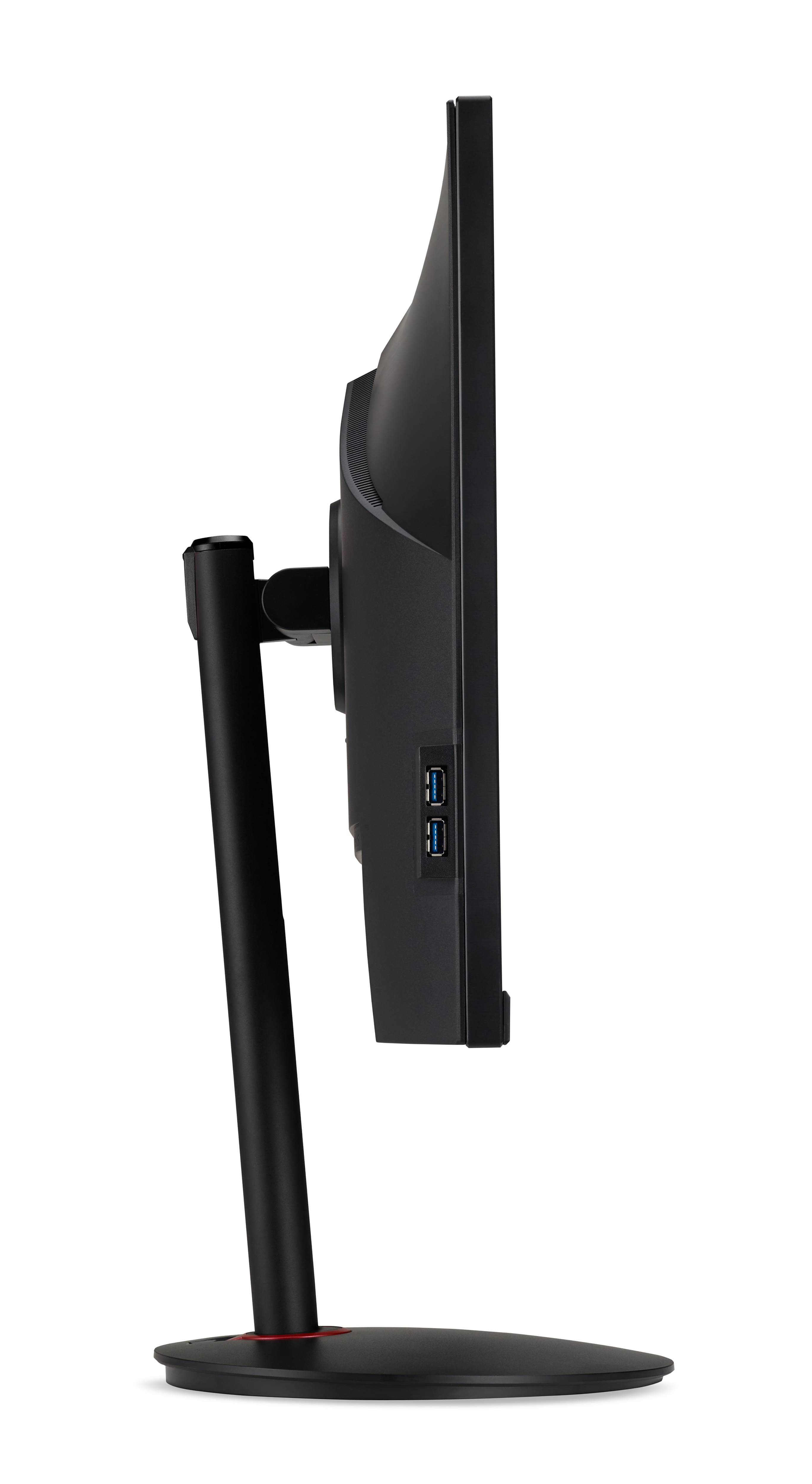 Czarny monitor z boku. Ma czarną podstawę i zakrzywiony czarny ekran.