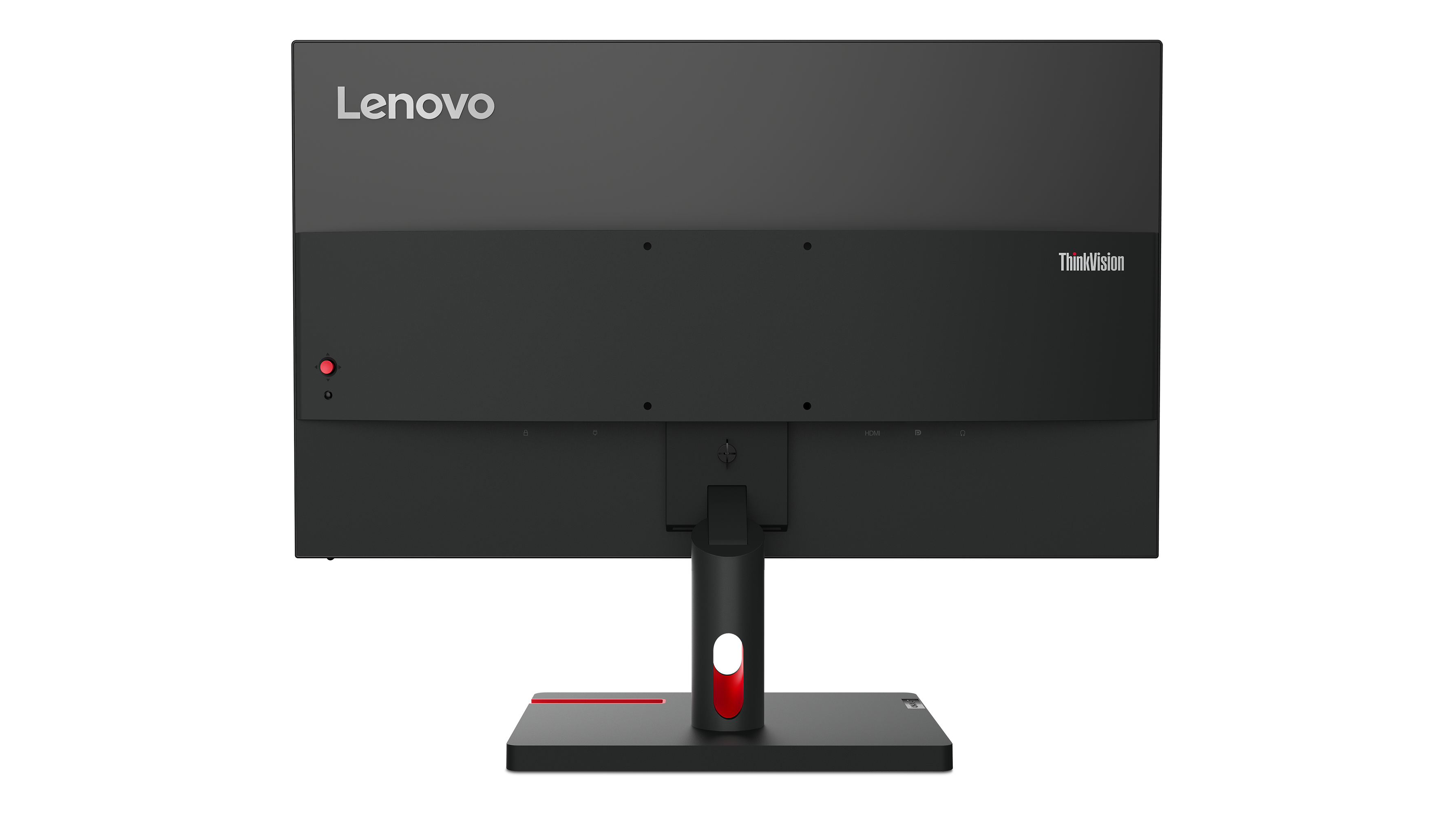 Parte trasera de un monitor Lenovo ThinkVision. Negro con botón y soporte rojos, fondo blanco.