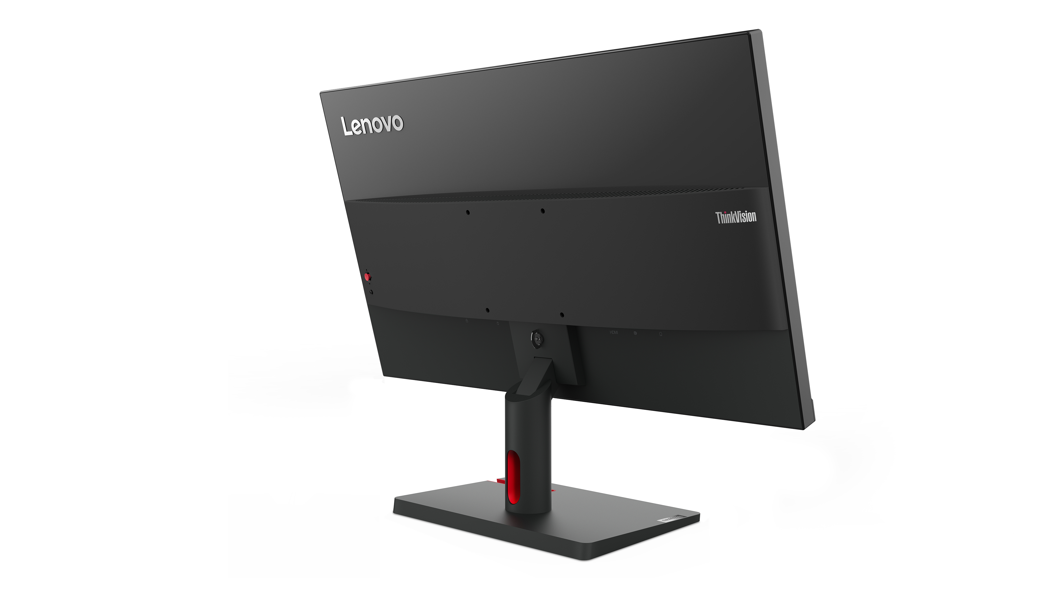 Parte trasera del monitor Lenovo negro con logo, acento rojo y puertos.