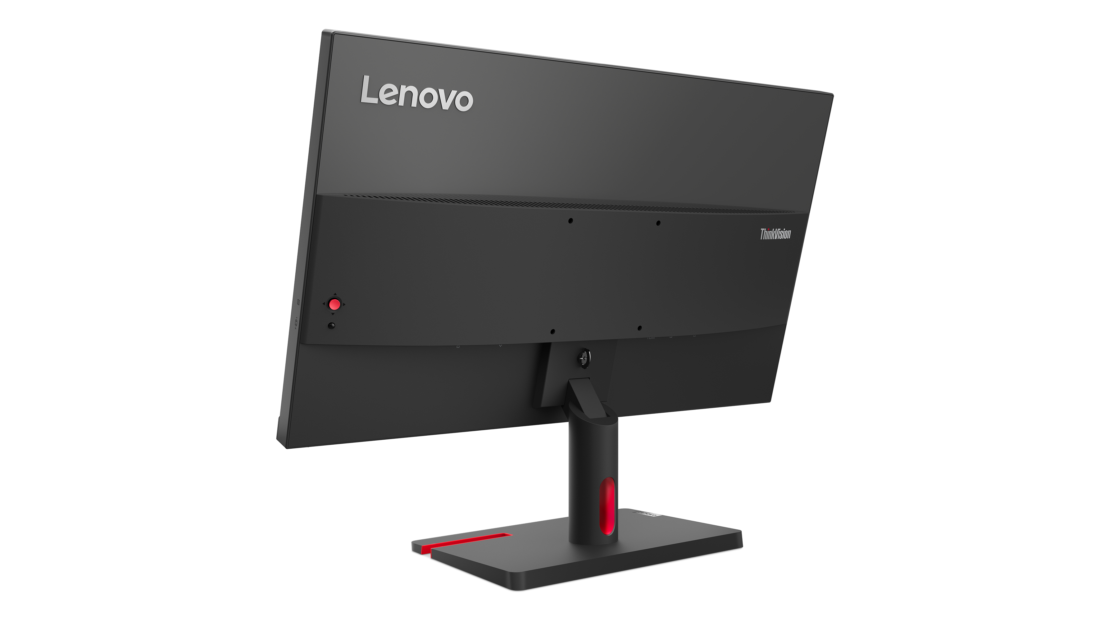 La parte trasera de un monitor de computadora negro con luz roja y soporte. El logo de Lenovo es visible.
