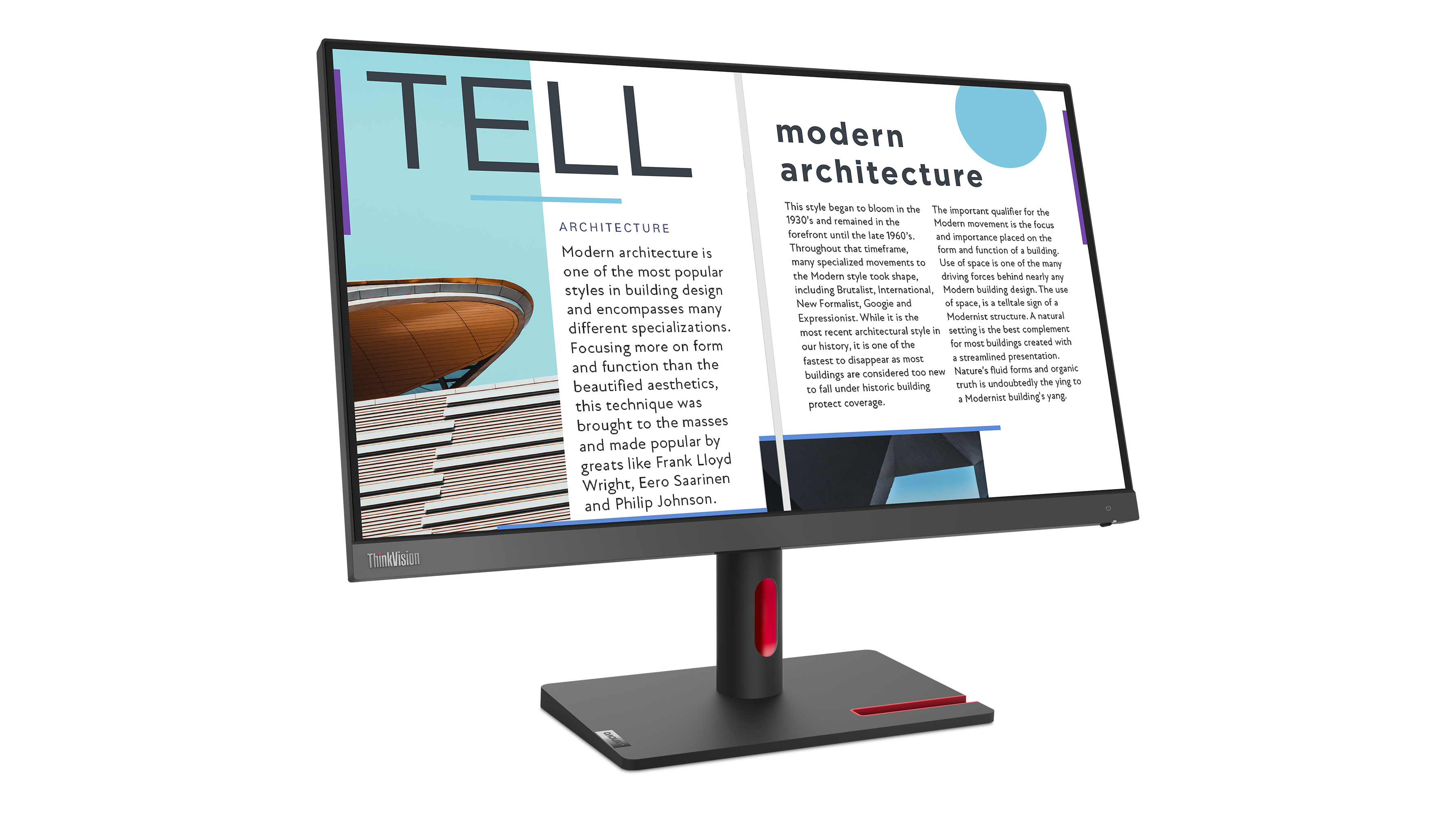 Un monitor muestra texto e imágenes sobre arquitectura moderna. Logo ThinkVision.