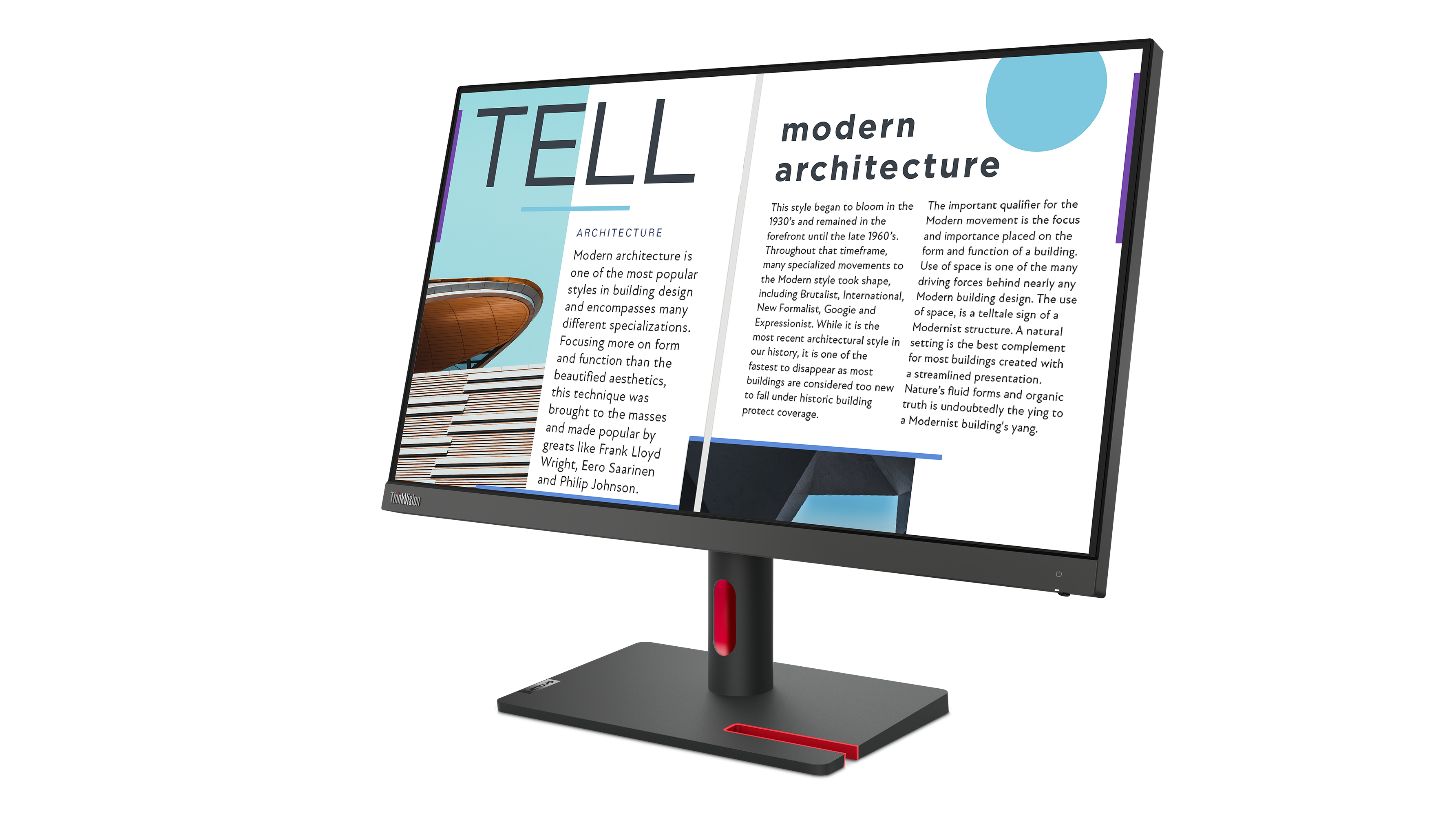 Un monitor de computadora que muestra una página de texto sobre arquitectura moderna, con soporte negro.