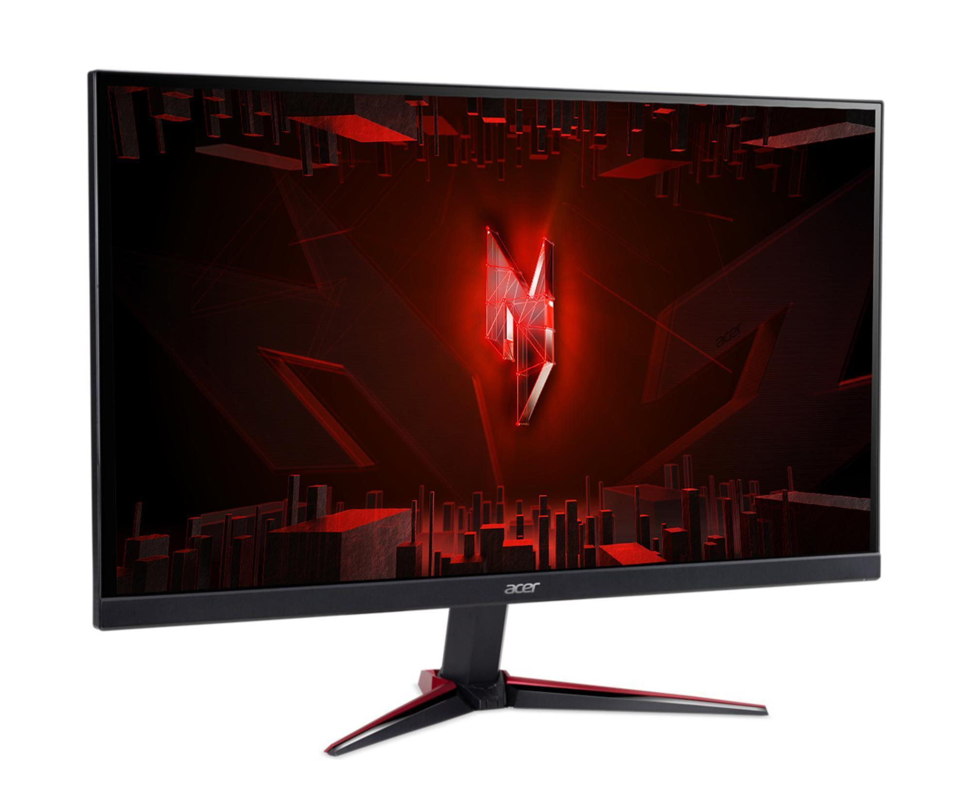 Acer-Monitor mit rotem und schwarzem Ständer, der einen rot-schwarzen digitalen Hintergrund anzeigt.