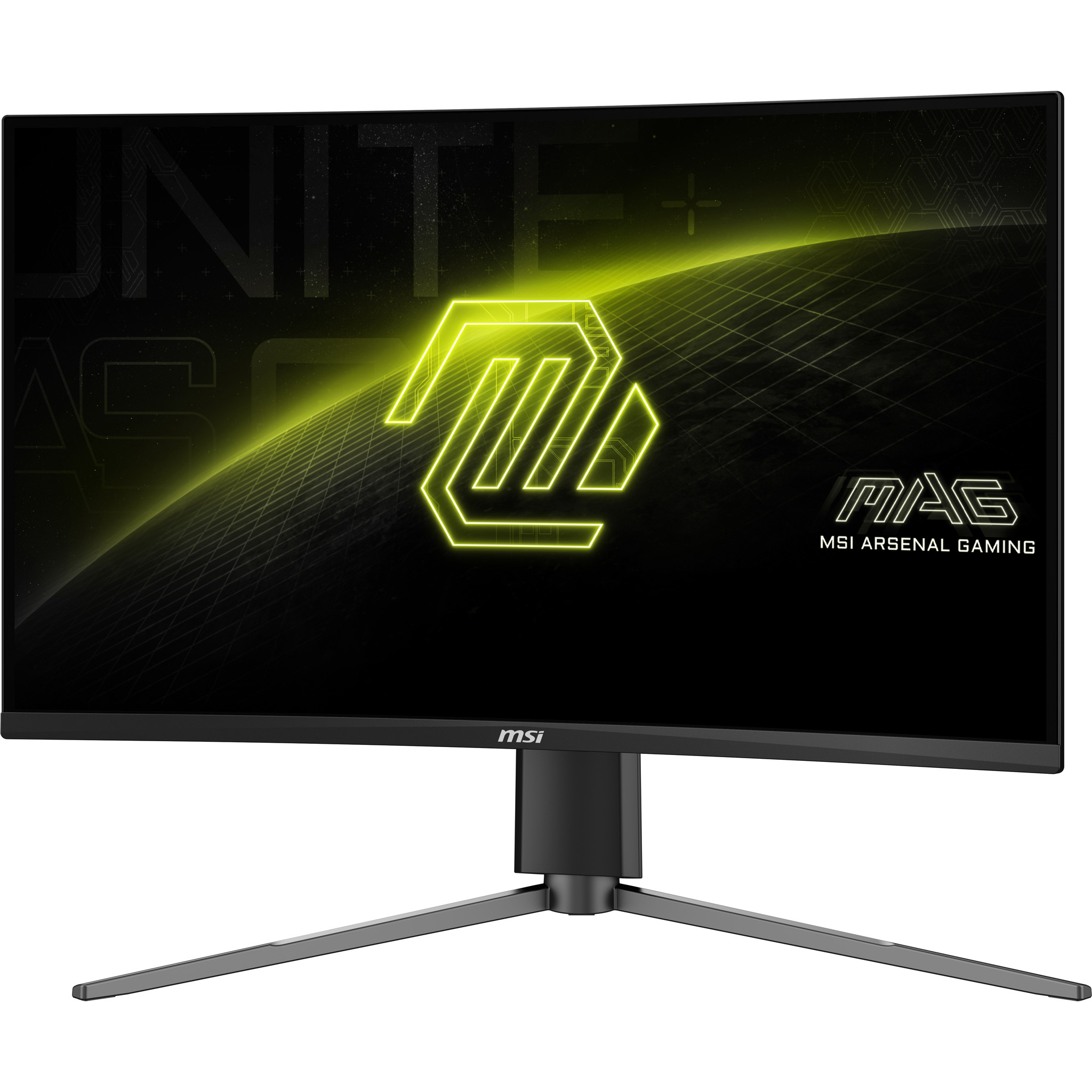 Ein schwarzer MSI-Monitor, der ein gelb-grünes abstraktes Design und Logo zeigt.