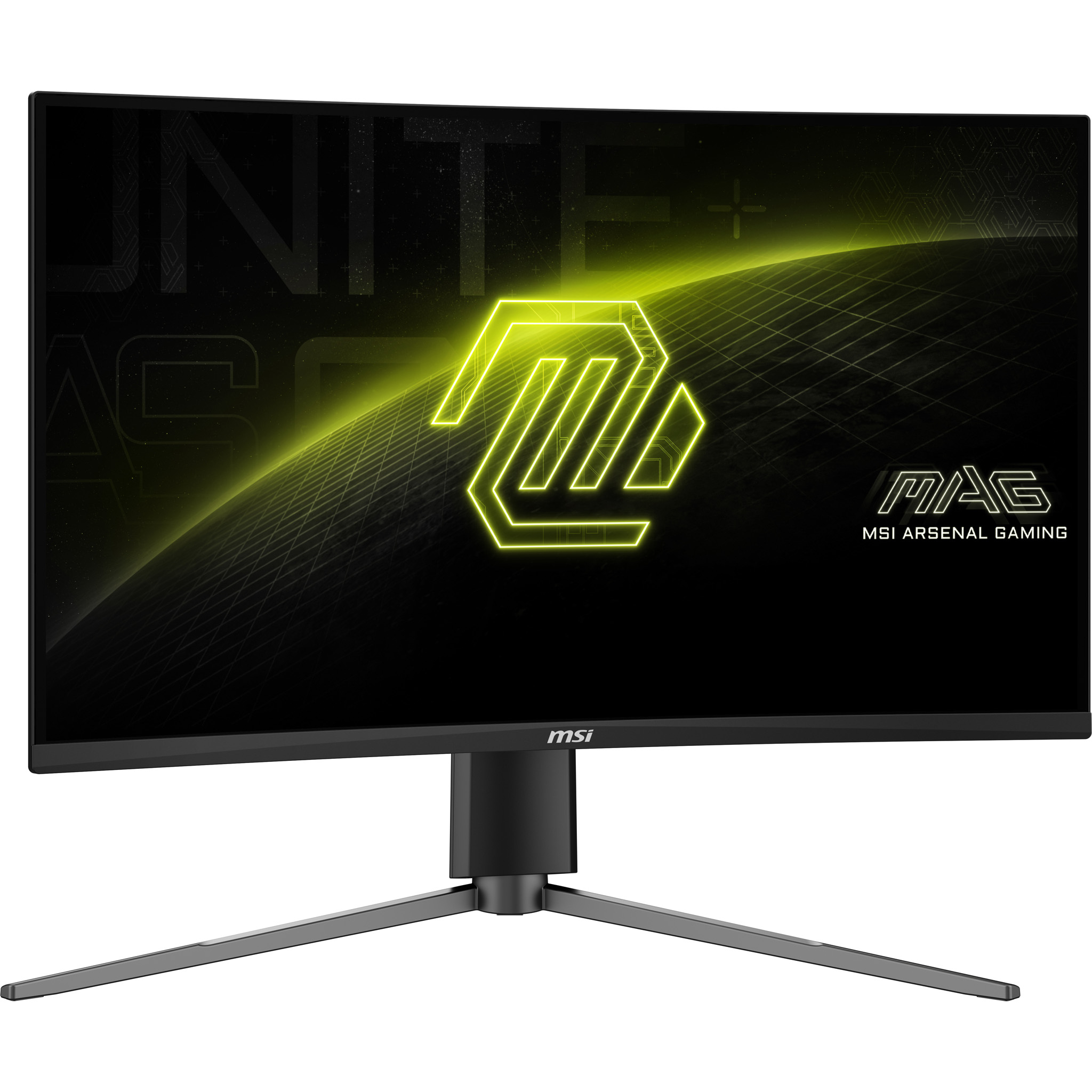 Ein schwarzer MSI-Monitor zeigt ein gelbes Logo auf schwarzem Hintergrund. Er hat einen dreibeinigen Ständer.