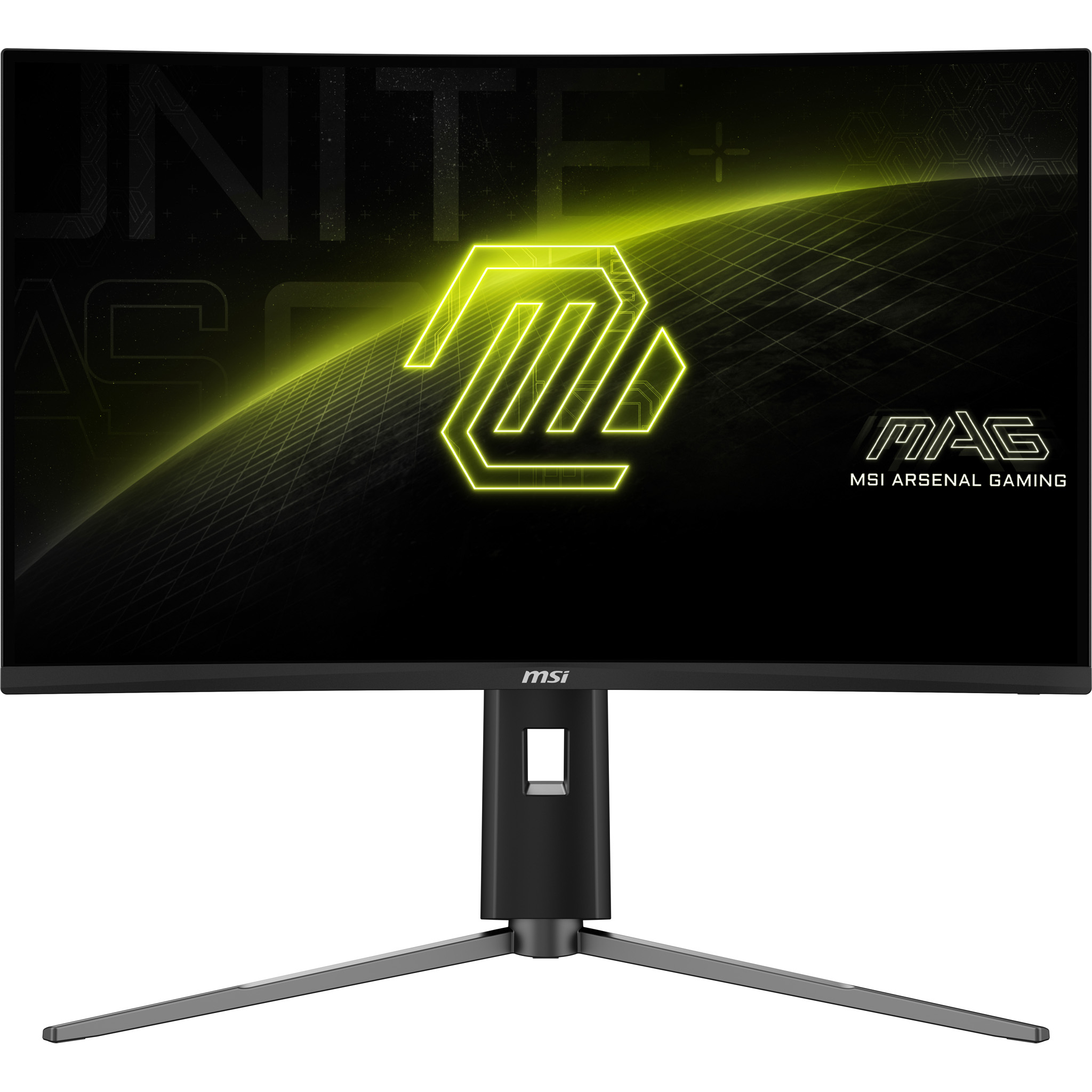Schwarzer MSI-Monitor mit gelbem Logo und Text 'MAG MSI ARSENAL GAMING'.