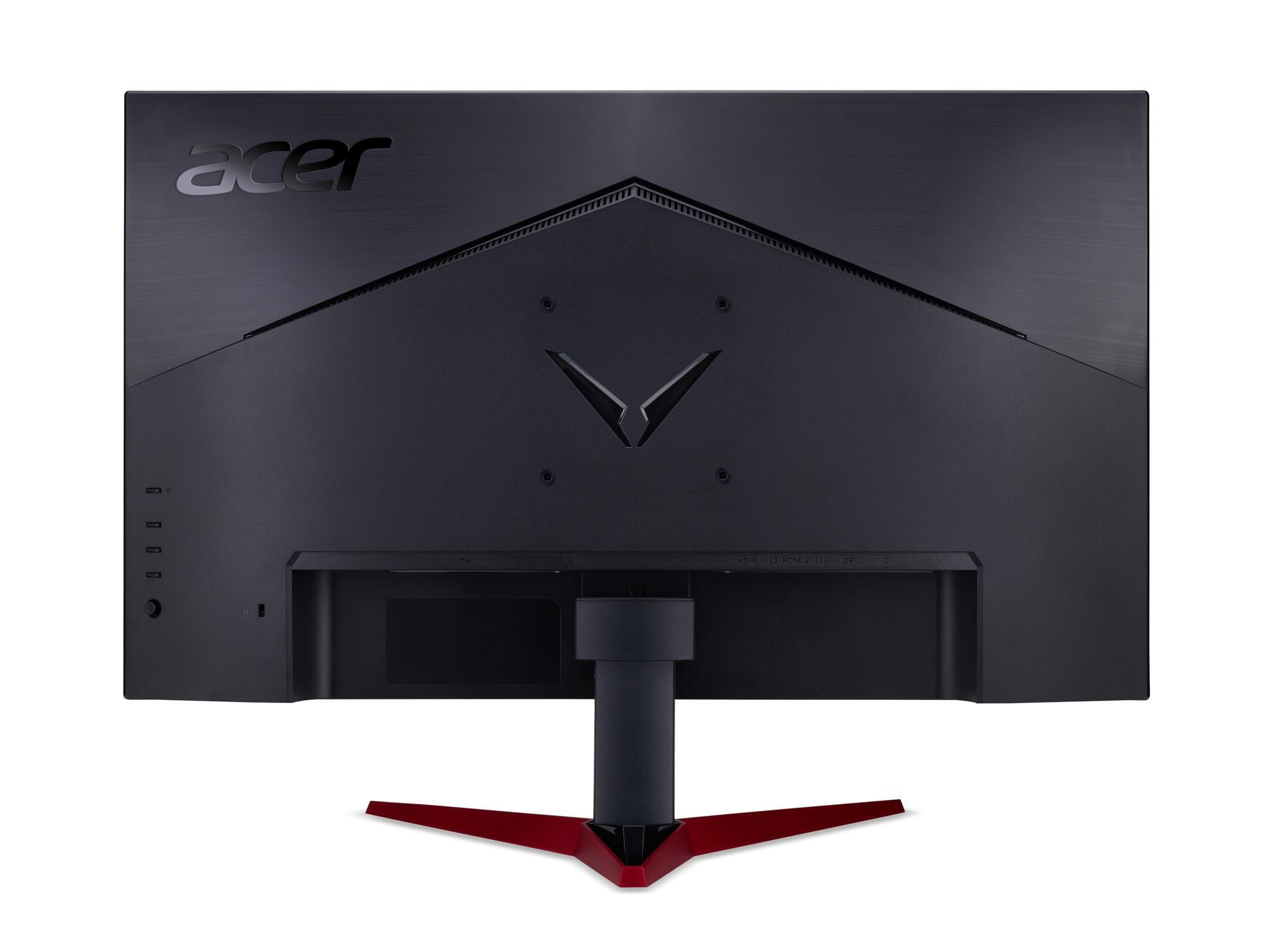 Die Rückseite eines Acer Gaming-Monitors, schwarz mit rotem Ständer und Acer-Logo.