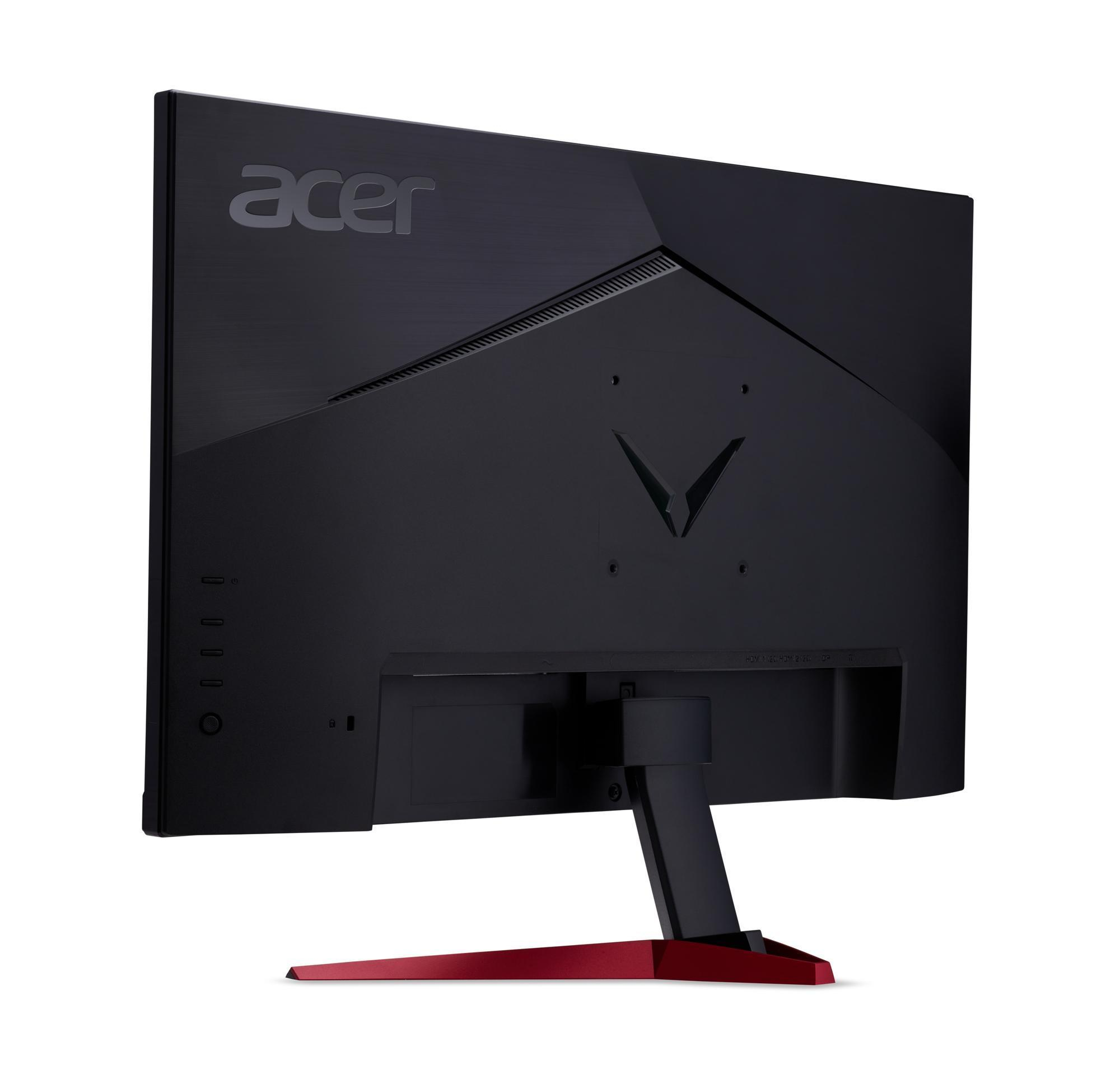 Rückansicht eines schwarz-roten Gaming-Monitors mit Acer-Logo und Anschlüssen, auf einem Ständer.