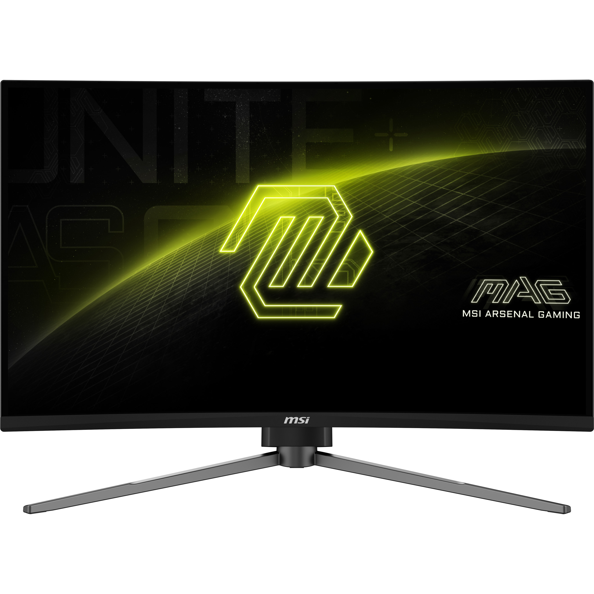 Ein gebogener Computermonitor zeigt ein Logo auf schwarzem Hintergrund. Der Monitor hat einen Ständer.