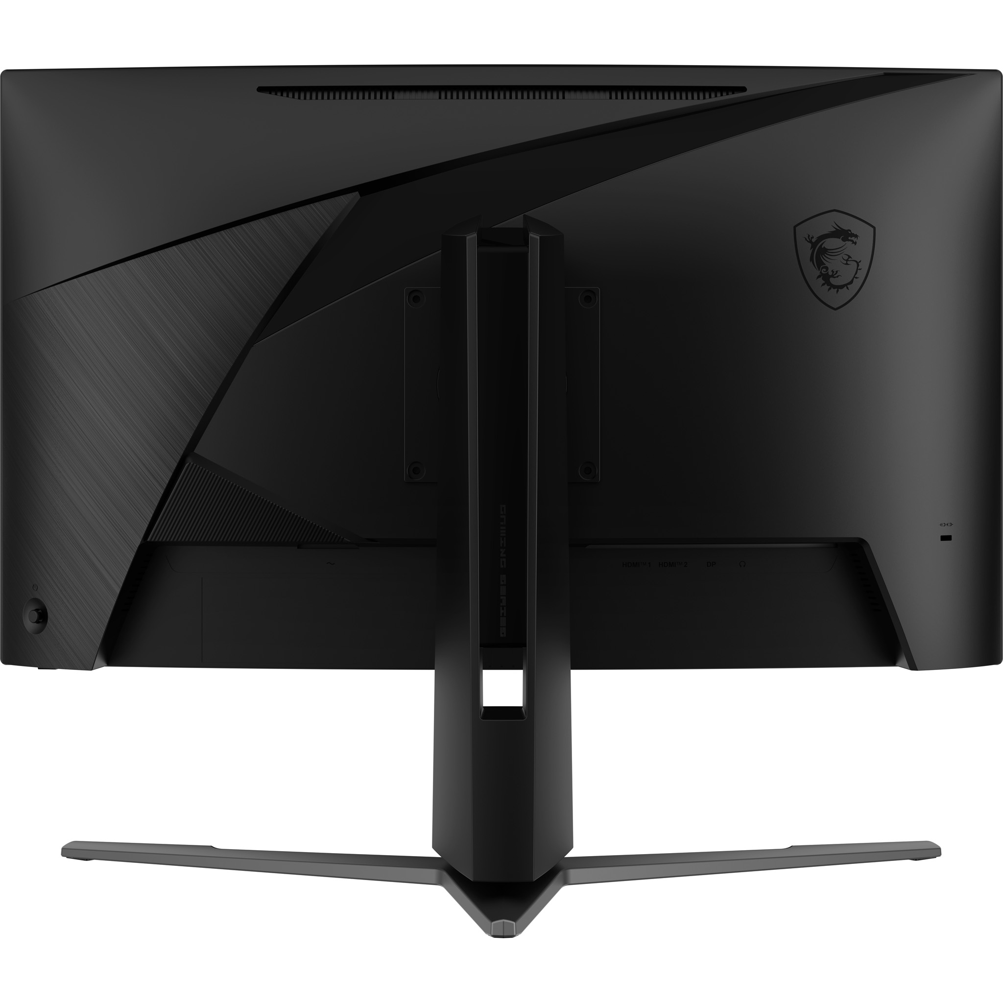 Ein schwarzer MSI-Monitor, der die Rückseite mit einem Ständer zeigt.