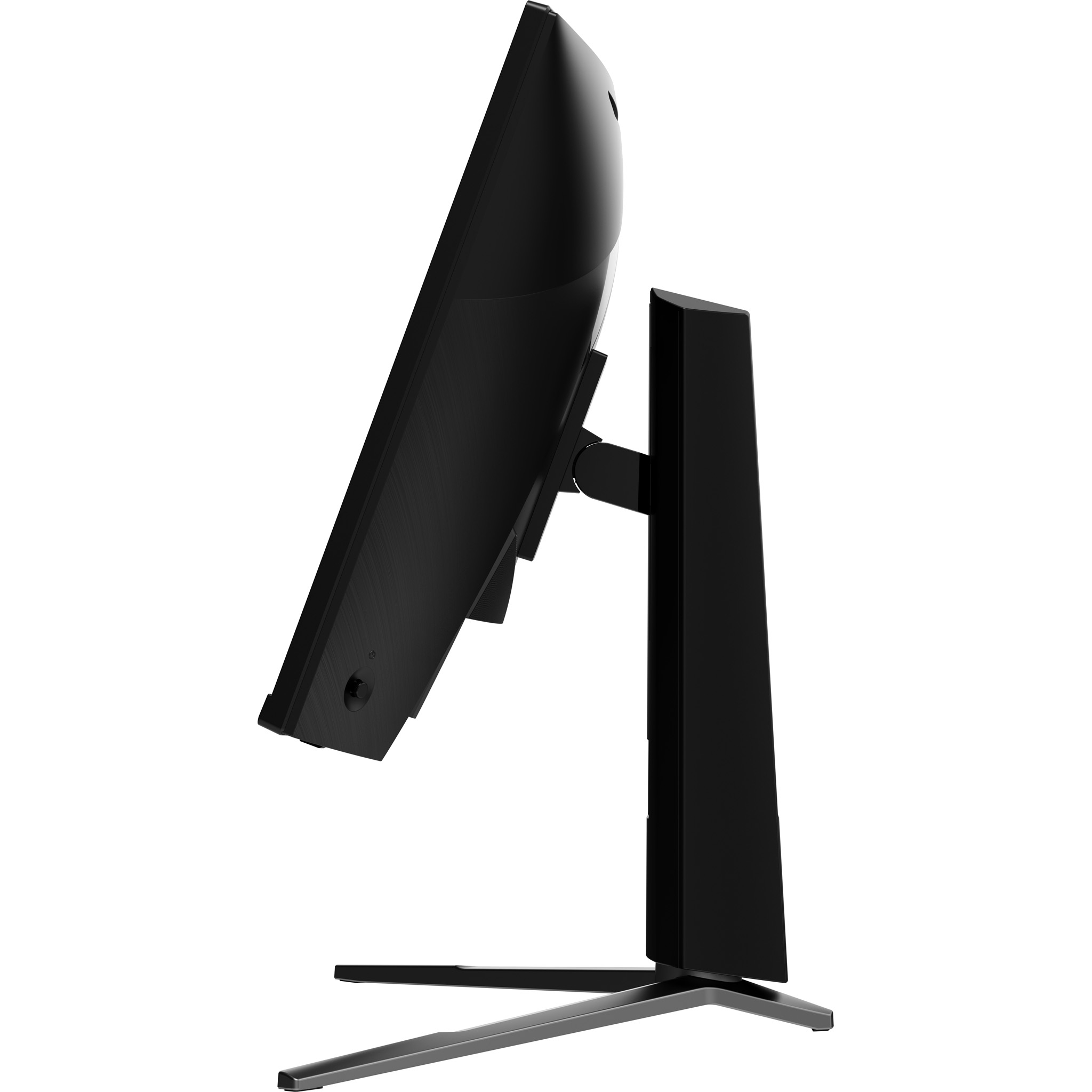 Seitenansicht eines schwarzen Monitors mit Ständer. Das Display ist abgewinkelt.