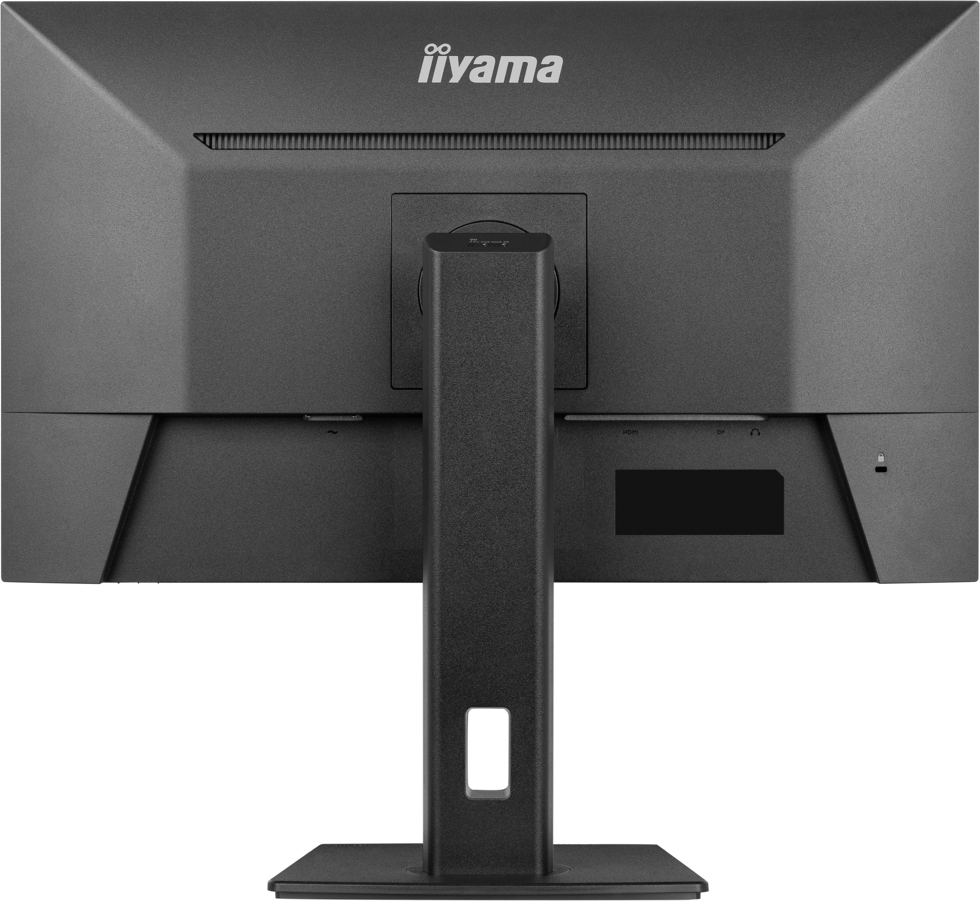 La parte trasera de un monitor iiyama negro. Tiene un soporte y puertos en la parte trasera para conexiones.