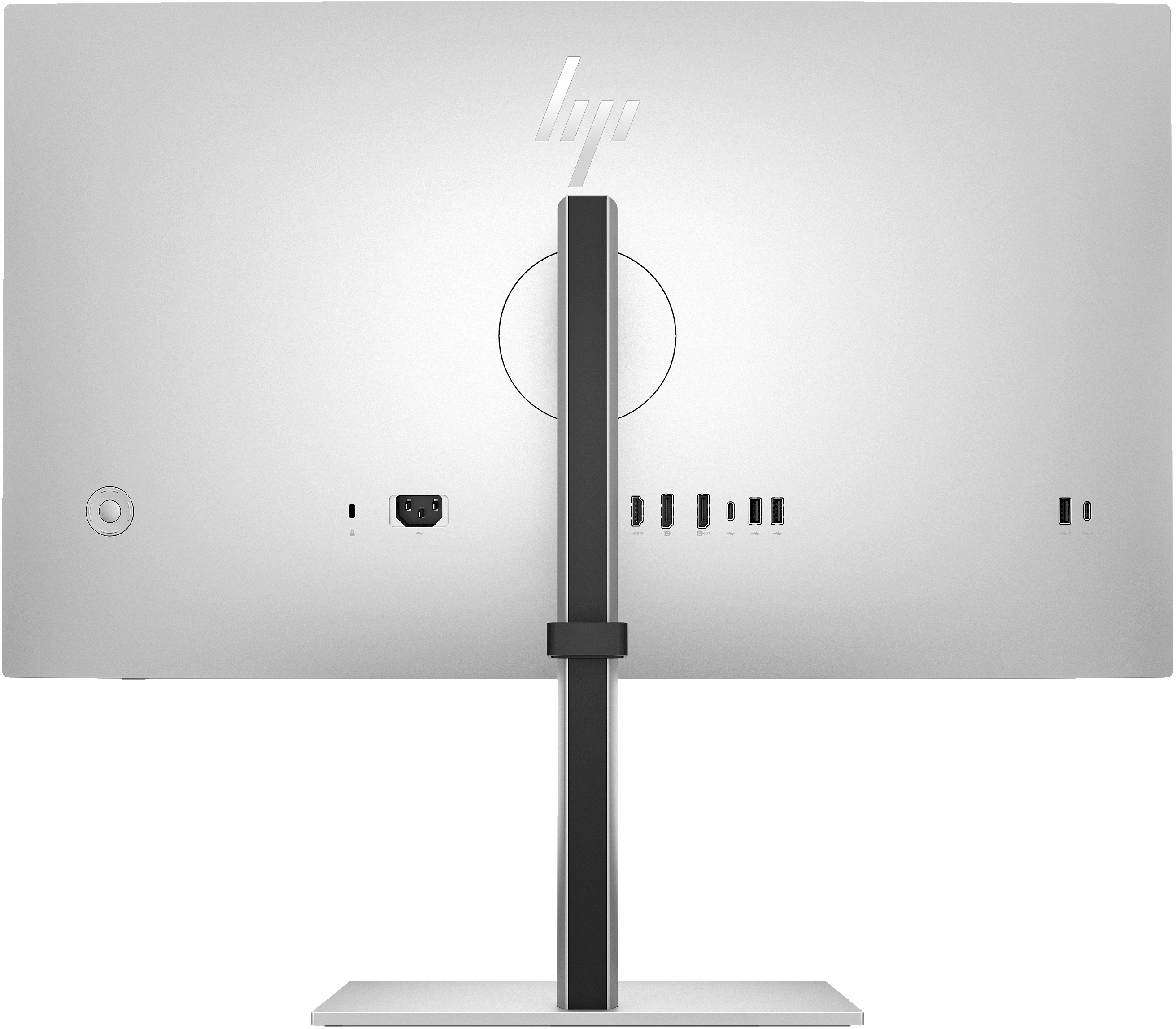 Tył monitora HP. Srebrny kolor z podstawką i portami. Białe tło.