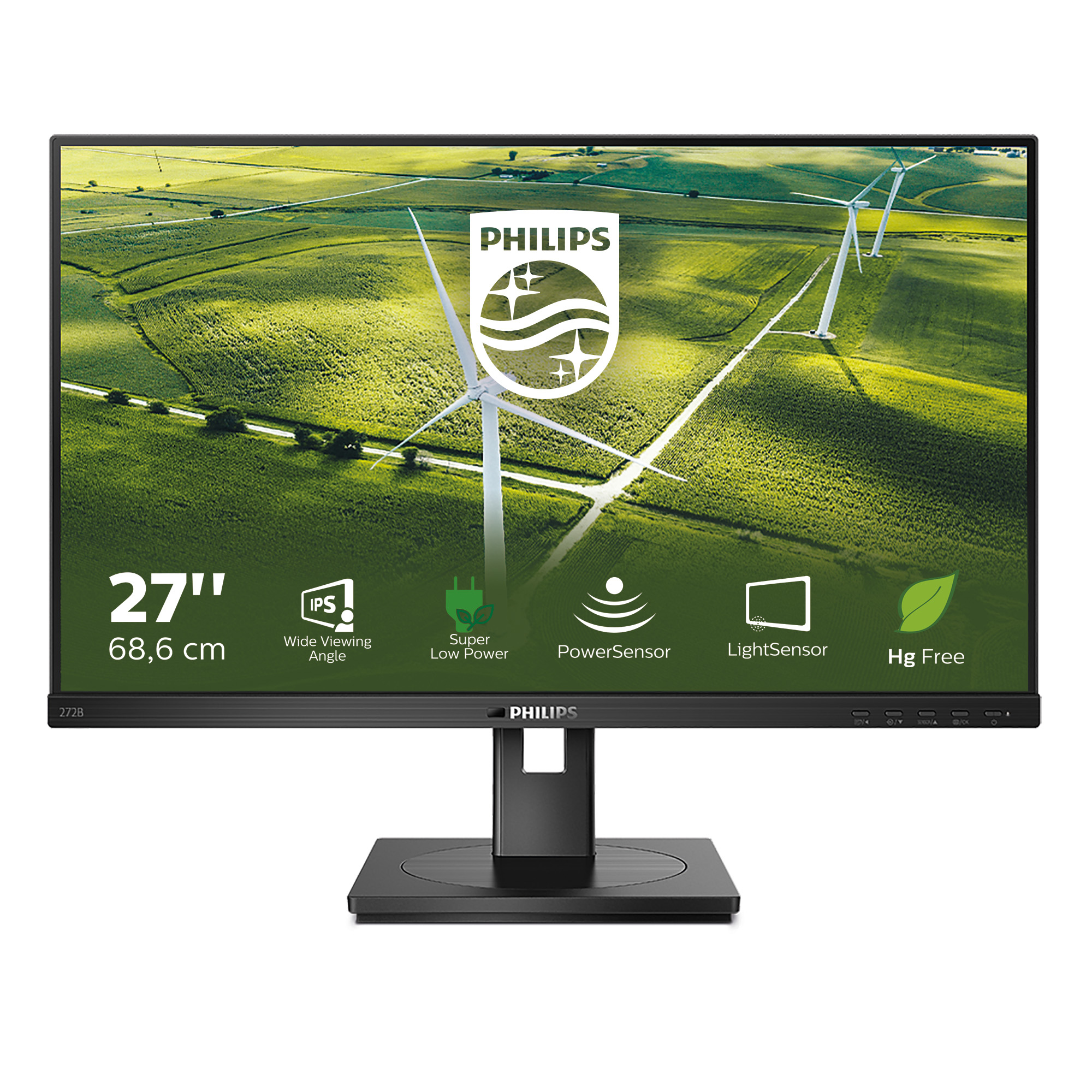A monitor with a rural background with windmills. It has black frame and stand.