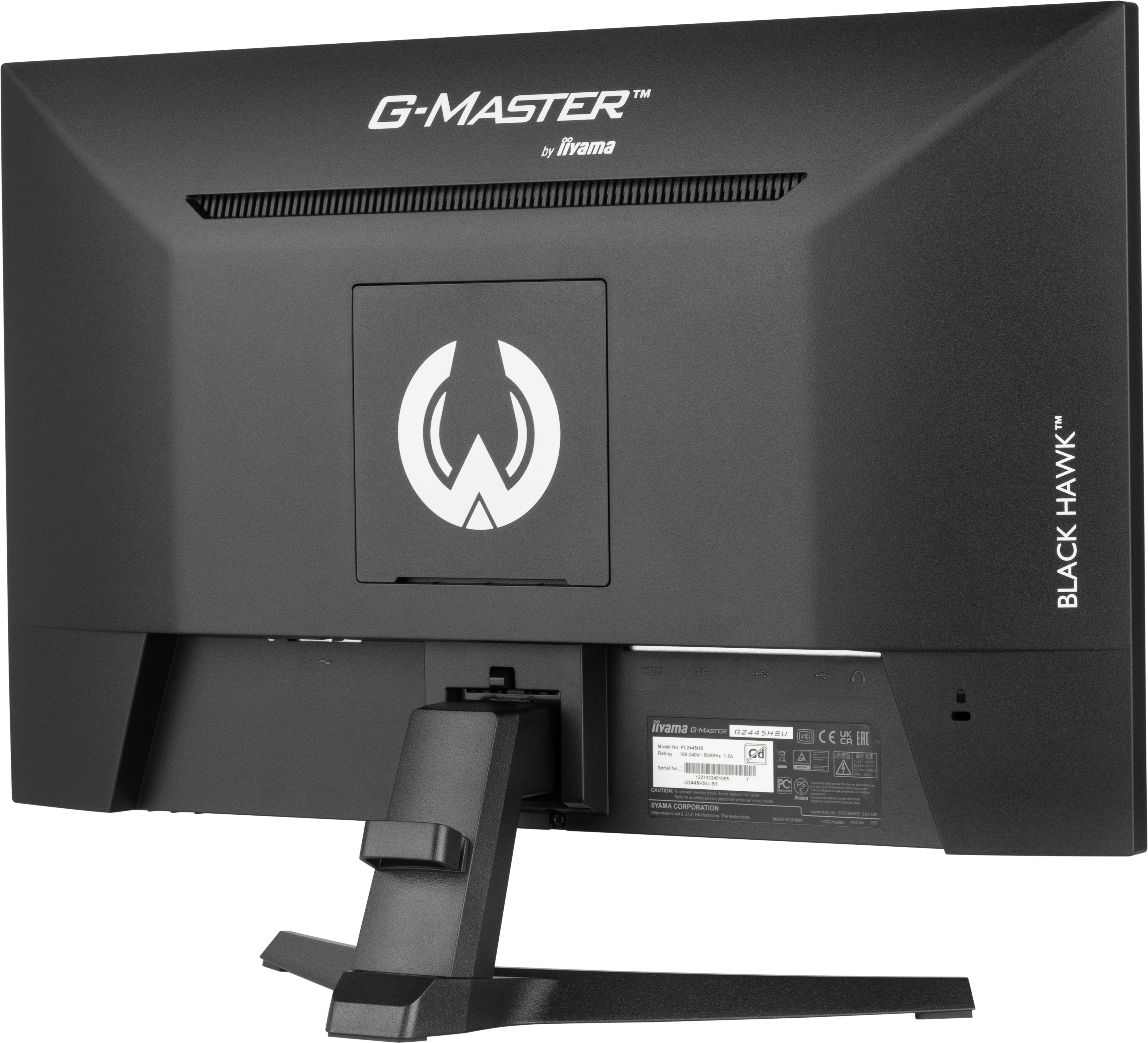Il retro di un monitor G-MASTER nero. Presenta il logo Black Hawk e varie porte ed etichette.