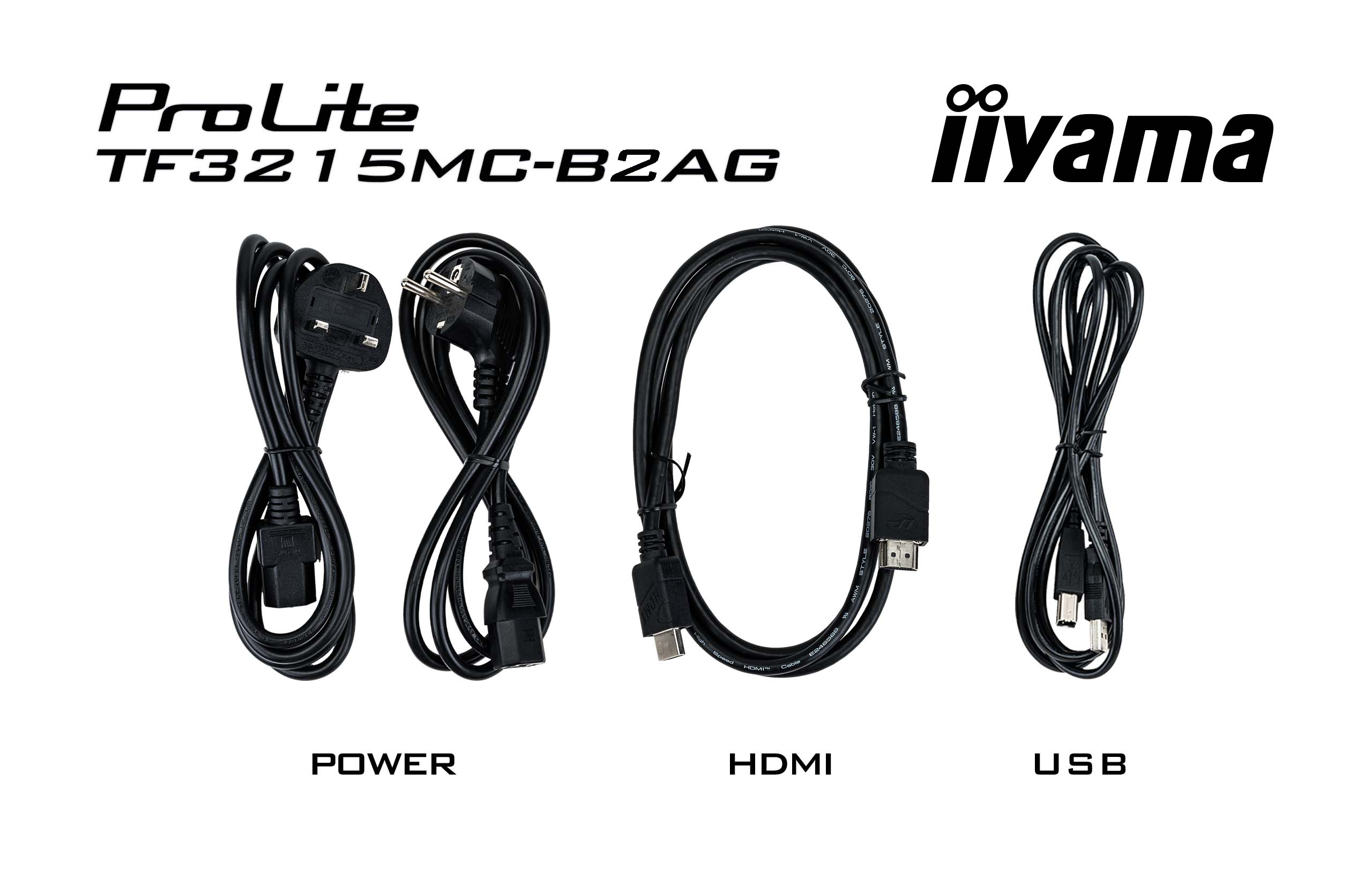 Kable zasilające, HDMI i USB, czarne, oznaczone i ułożone na białym tle.