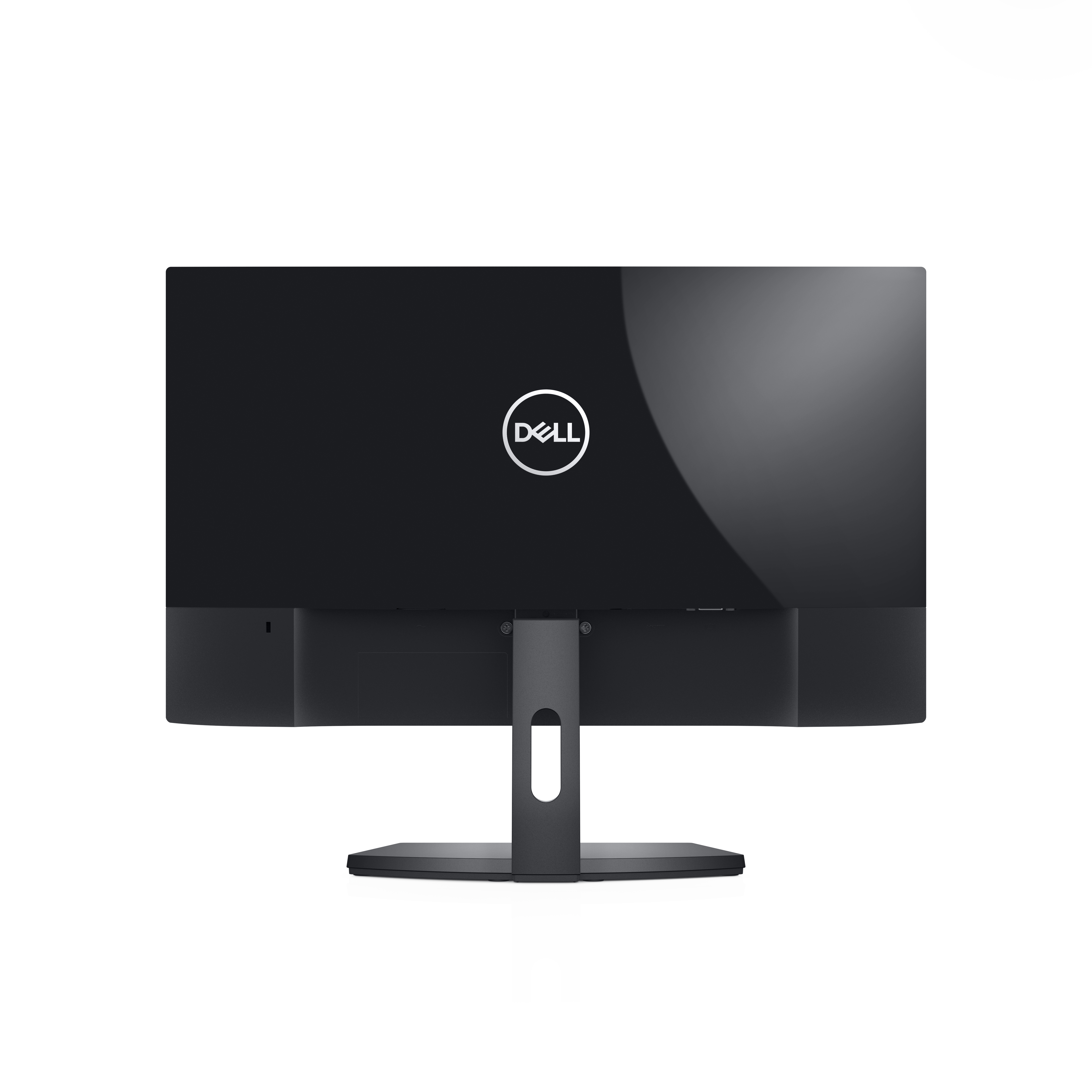 Rückseite eines Dell Monitors mit Dell Logo und Ständer.