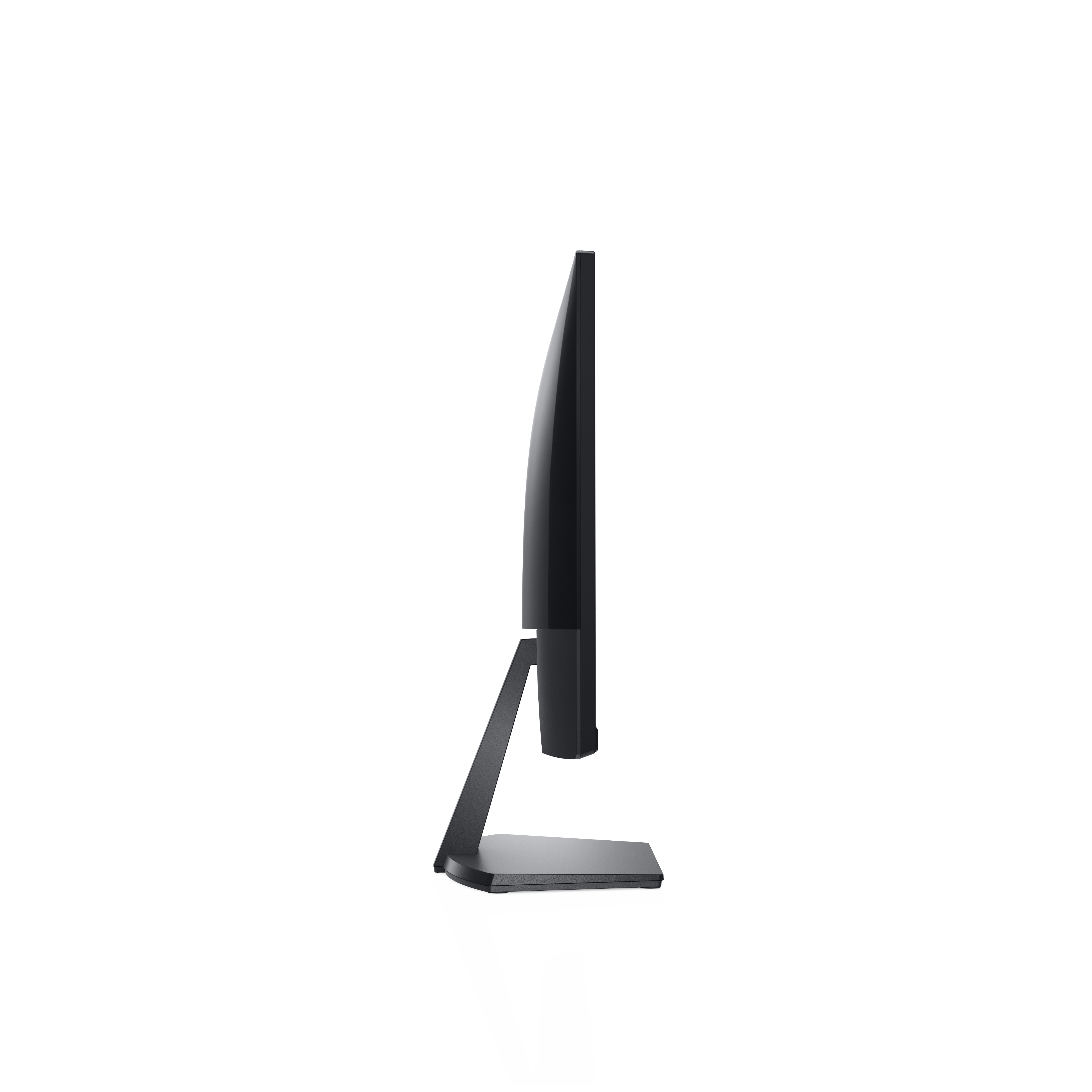 Seitenansicht eines schwarzen Monitors. Der Bildschirm ist schwarz, der Monitor steht auf grauer Basis.