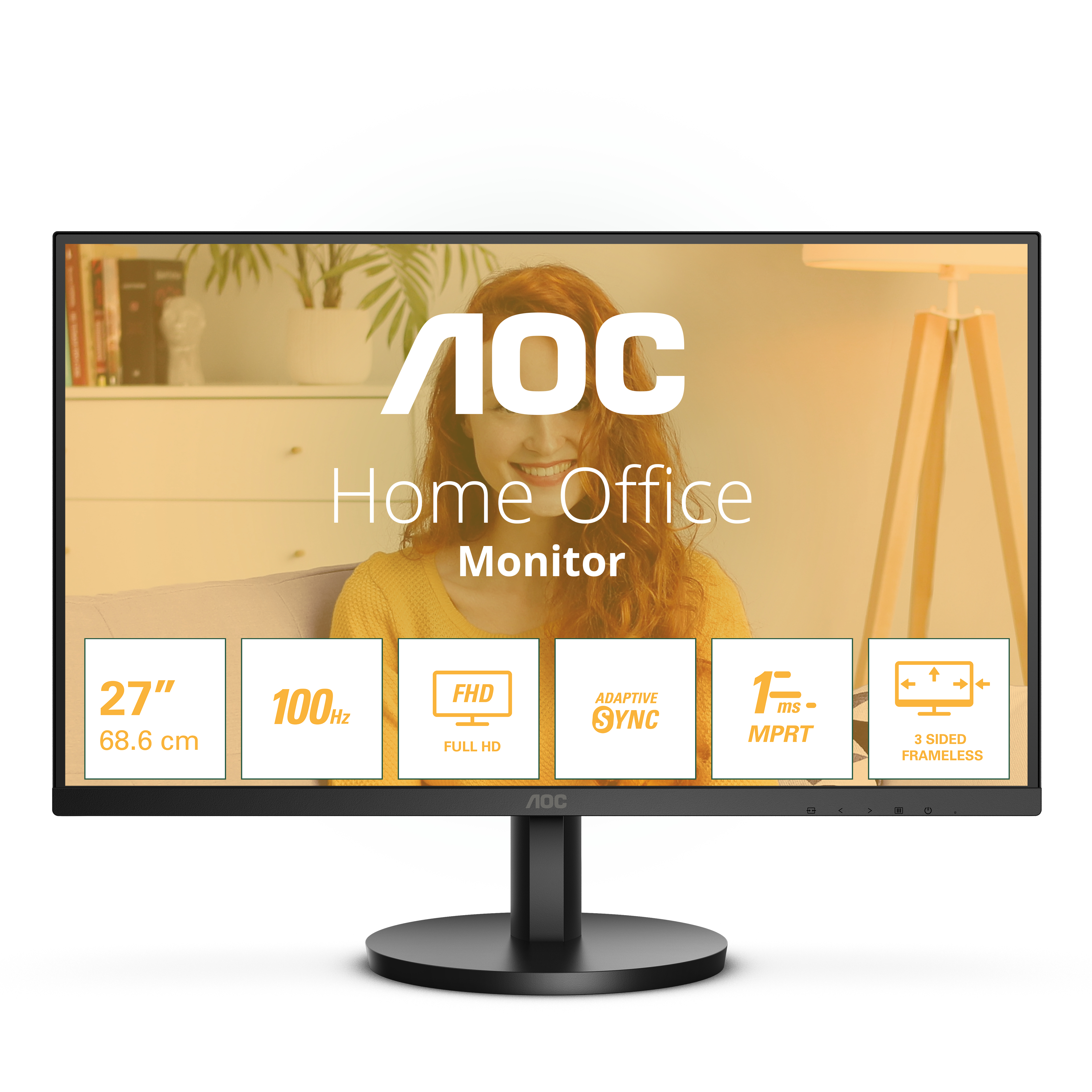 Monitor AOC Home Office, przedstawiający kobietę, z tekstem i ikonami na białym tle.