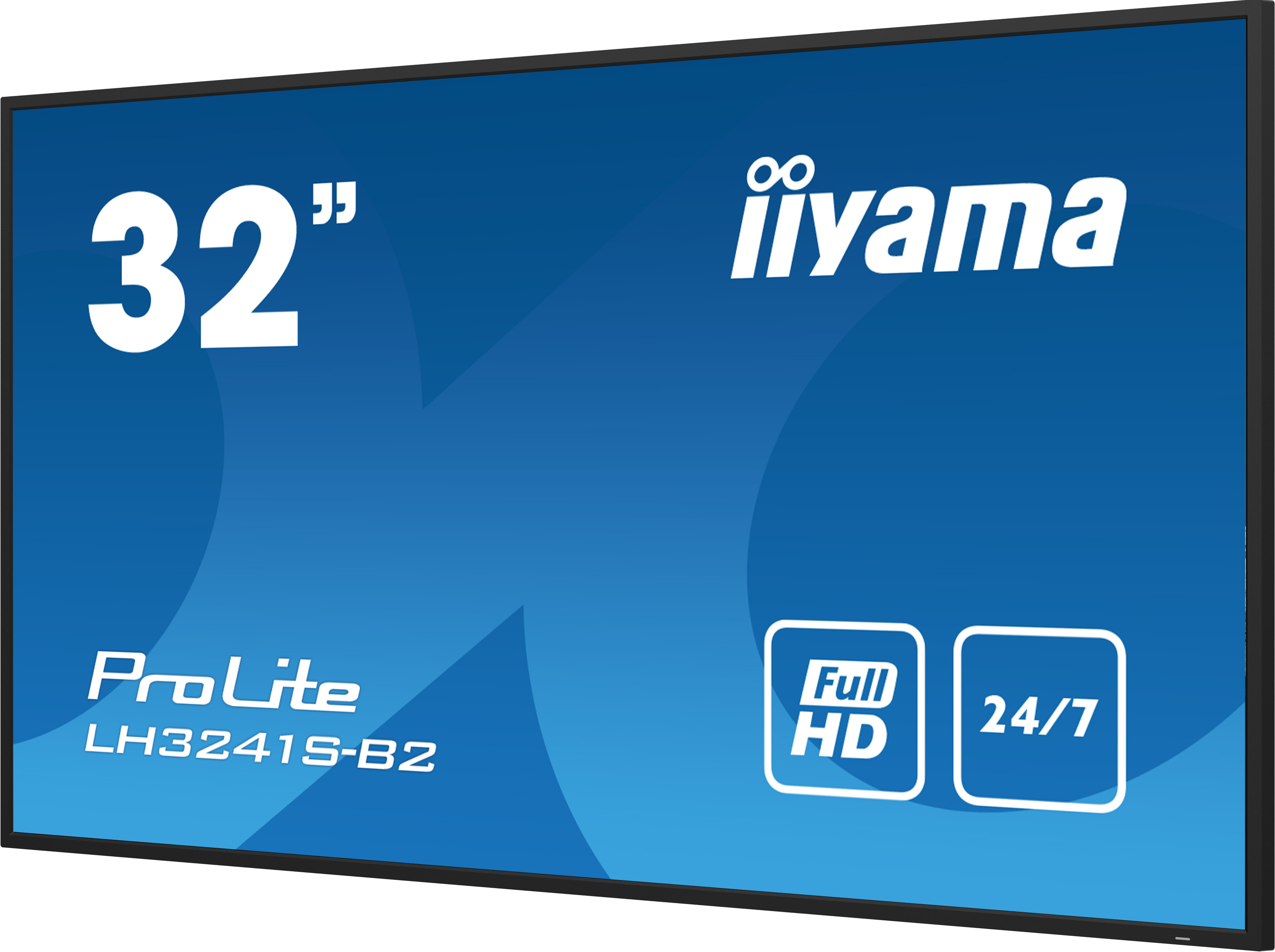 32-calowy monitor z marką Iiyama. Ekran jest niebieski z białym tekstem i ikonami.