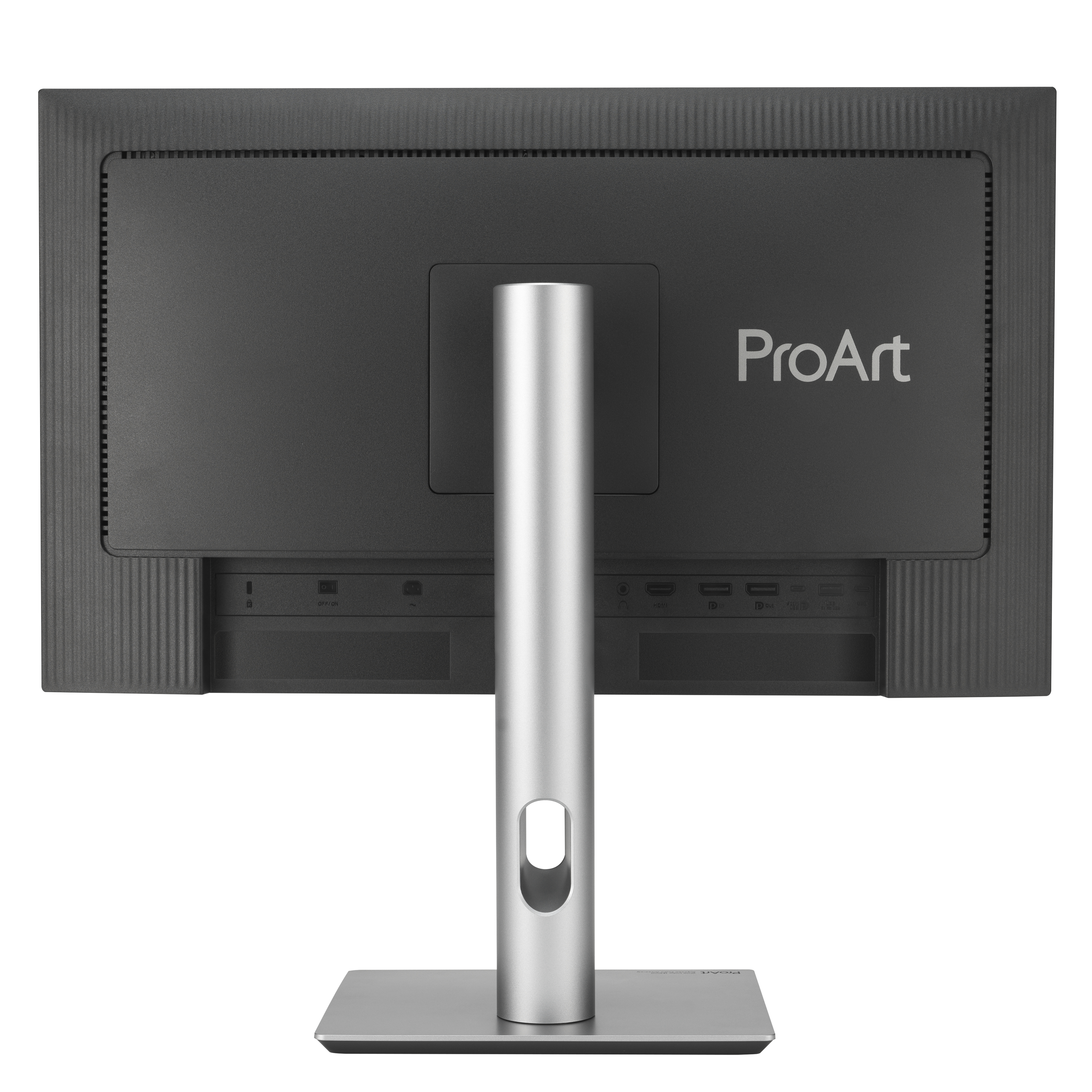 Vue arrière d'un moniteur noir. Support argenté, logo ProArt. Ports visibles. Fond blanc.