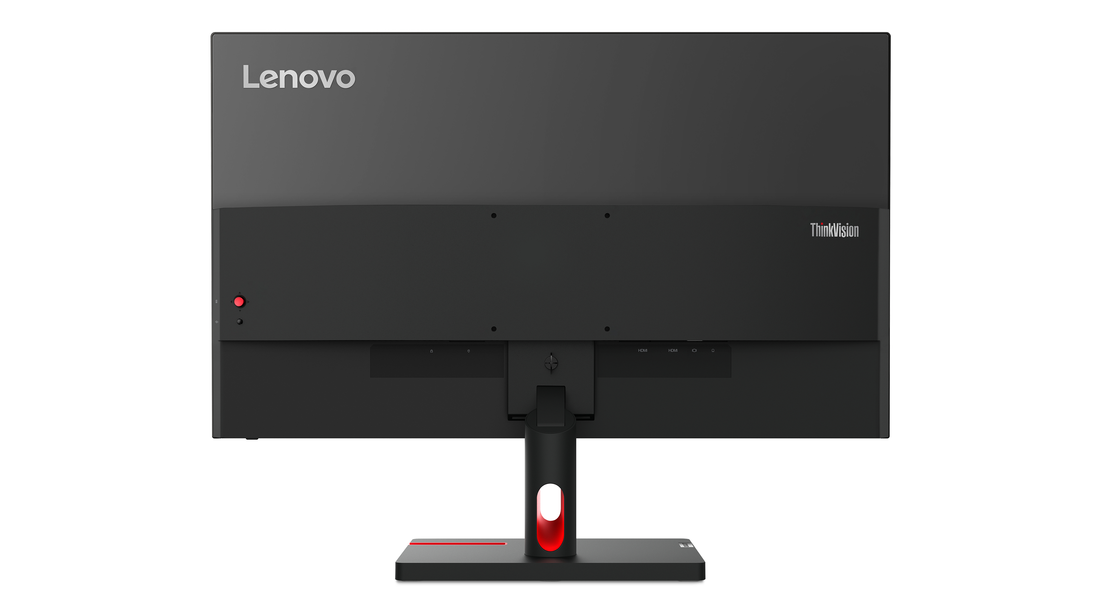 Czarny tył monitora Lenovo. Logo Lenovo na górze, ThinkVision na dole. Widoczne porty i czerwone światło.