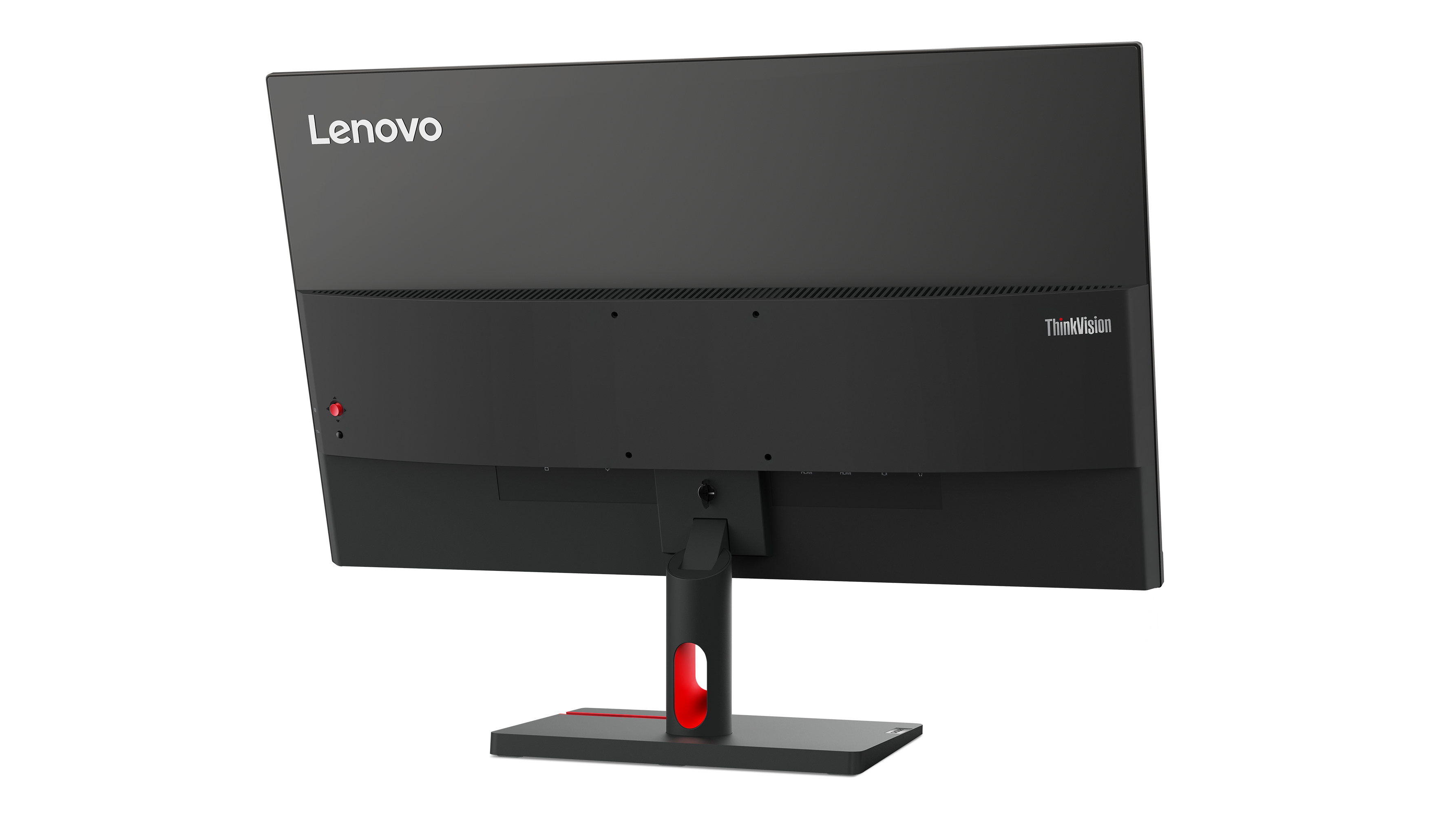Pokazano tył czarnego monitora Lenovo. Ma czerwony akcent na podstawie i logo ThinkVision.