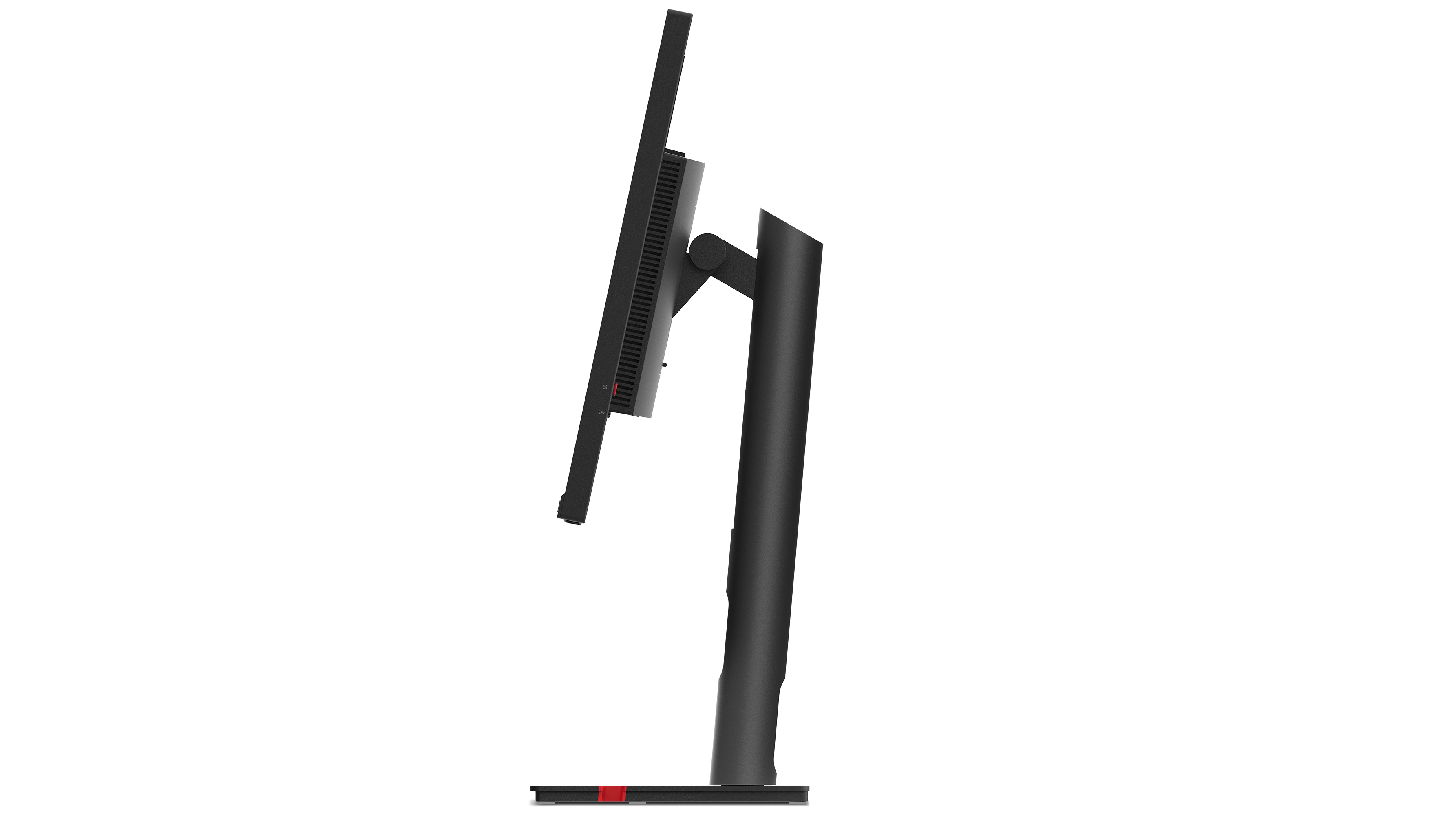Czarny monitor, widok z boku, ze stojakiem i czerwonym detalem u podstawy.