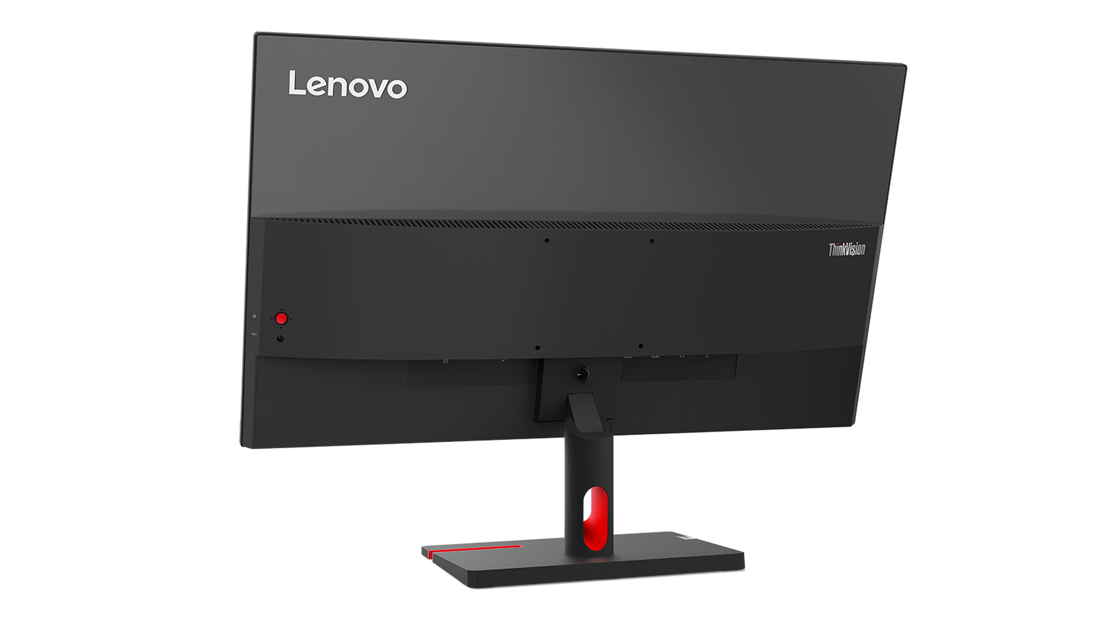 Widok z tyłu monitora Lenovo. Monitor ma czarną obudowę i czerwoną podstawę.