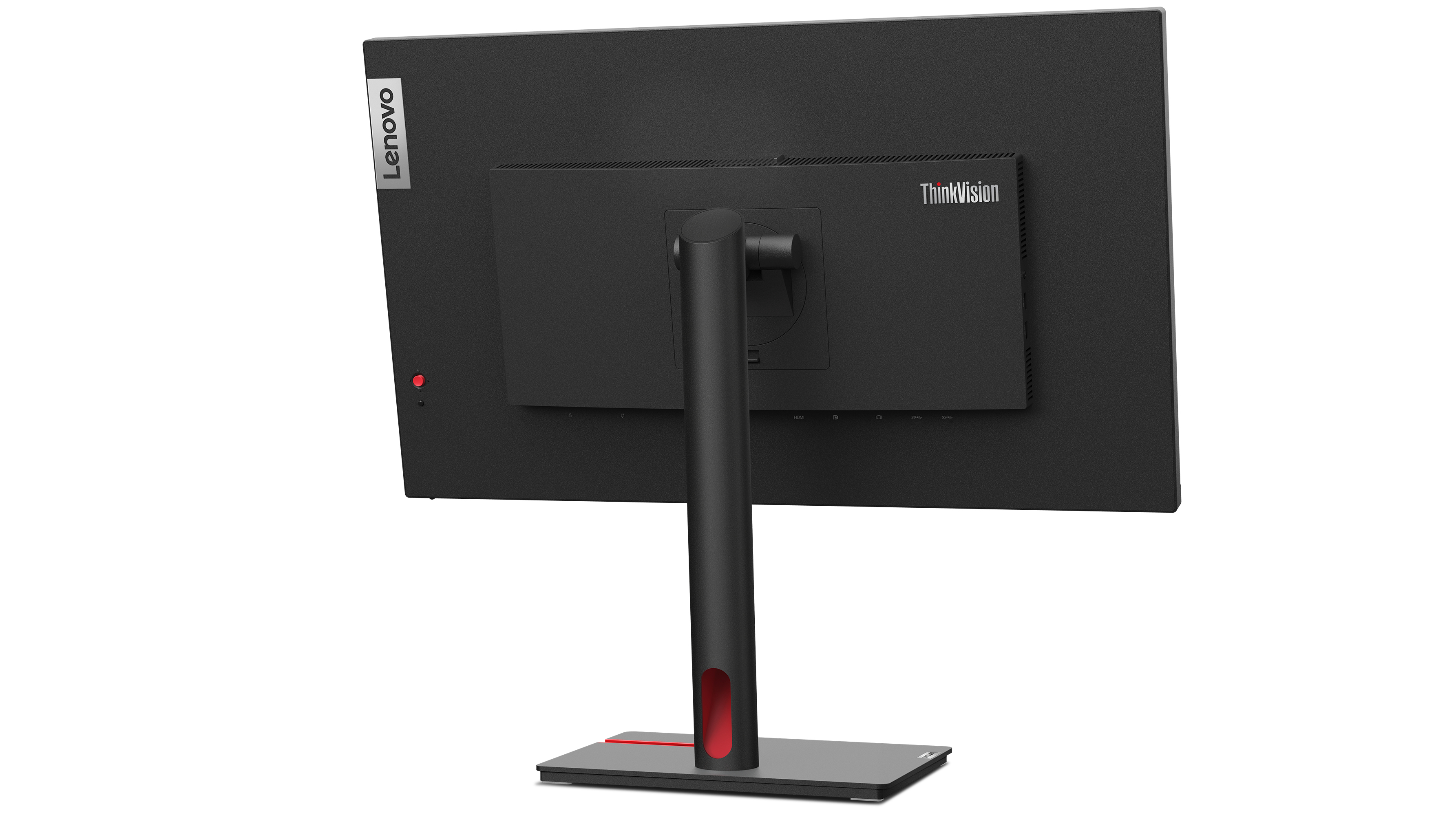 Czarny tył monitora Lenovo ThinkVision, widok pod kątem. Podstawa z czerwonymi akcentami, widoczne porty.