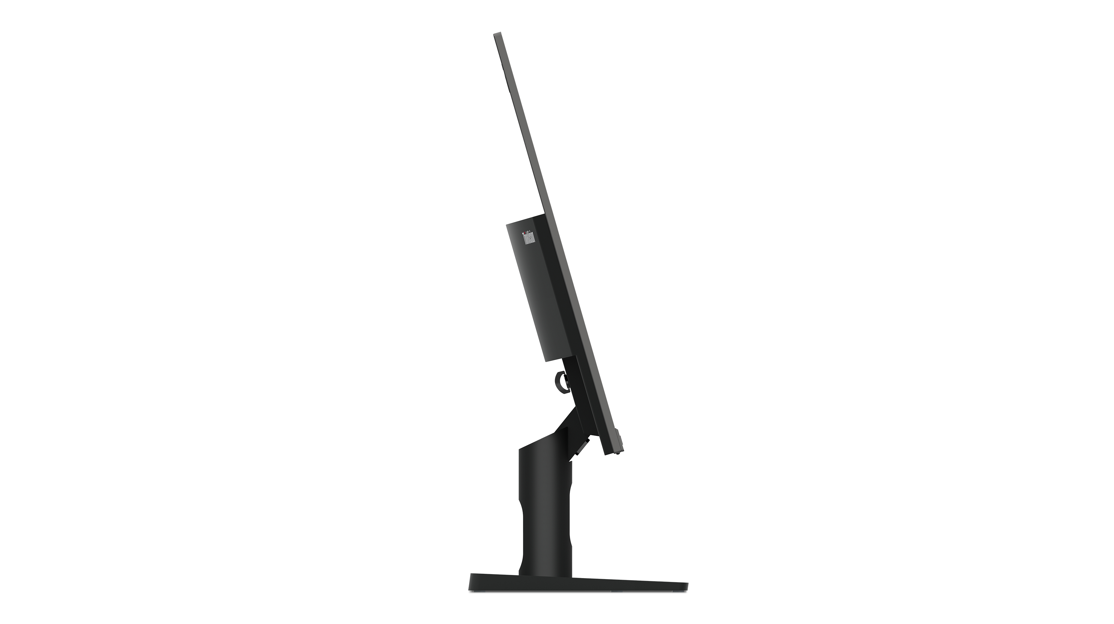 Widok z boku czarnego monitora z czarnym stojakiem.