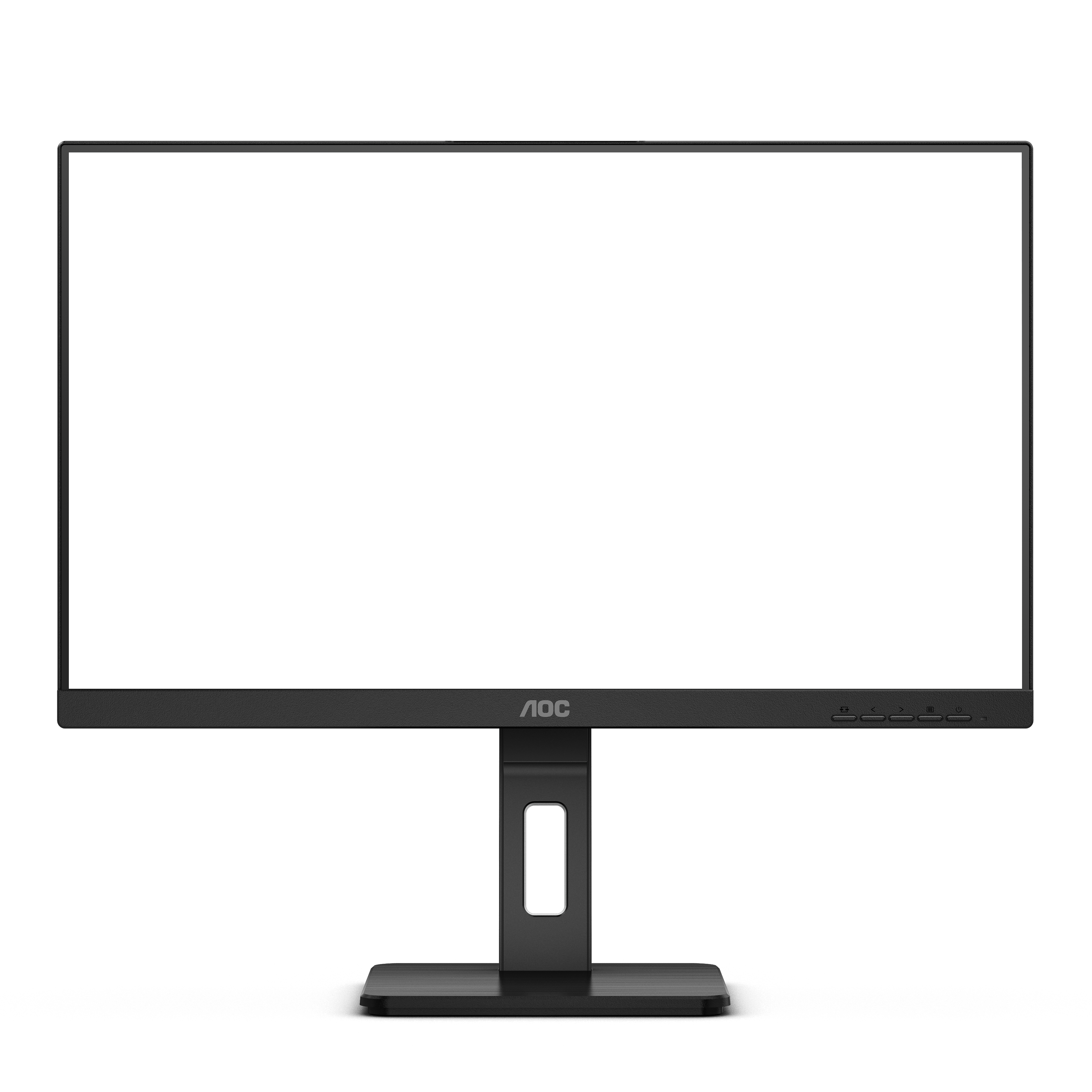 Zwarte monitor met een leeg wit scherm. De monitor heeft een zwarte standaard en basis.