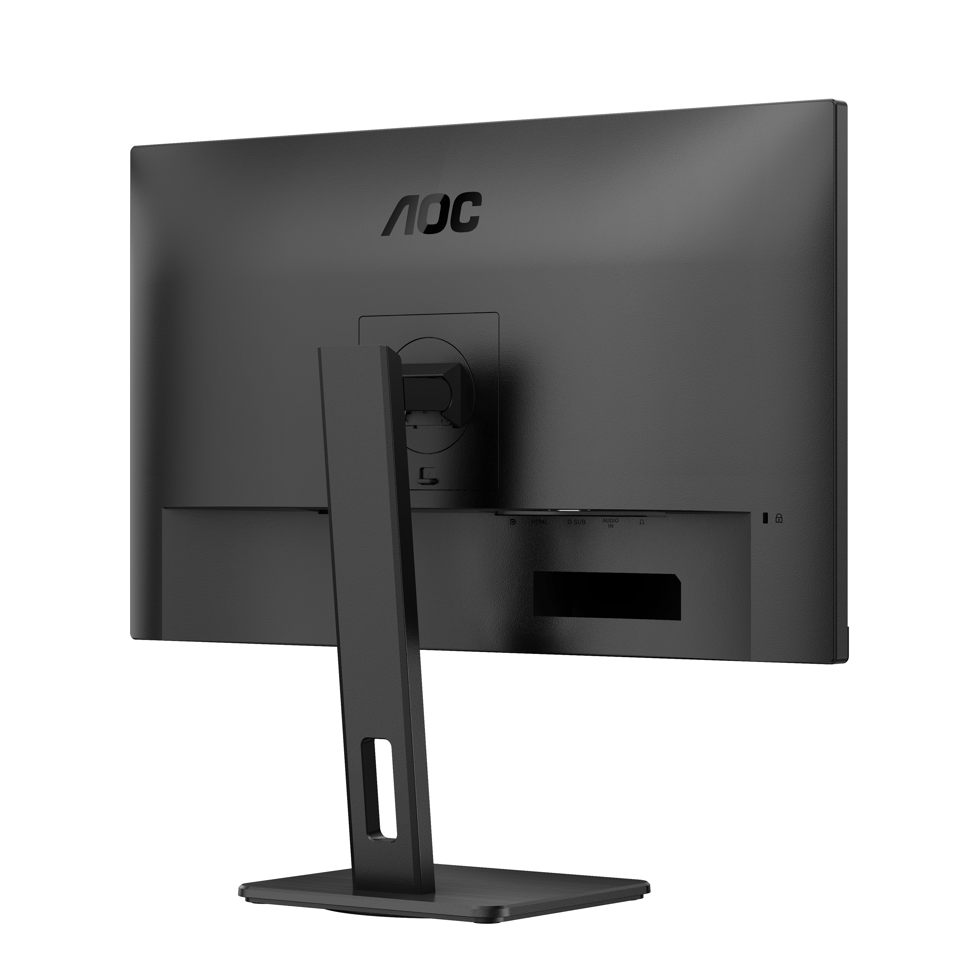 Zwarte computermonitor, achteraanzicht. Het heeft een standaard en het AOC-logo op de achterkant.