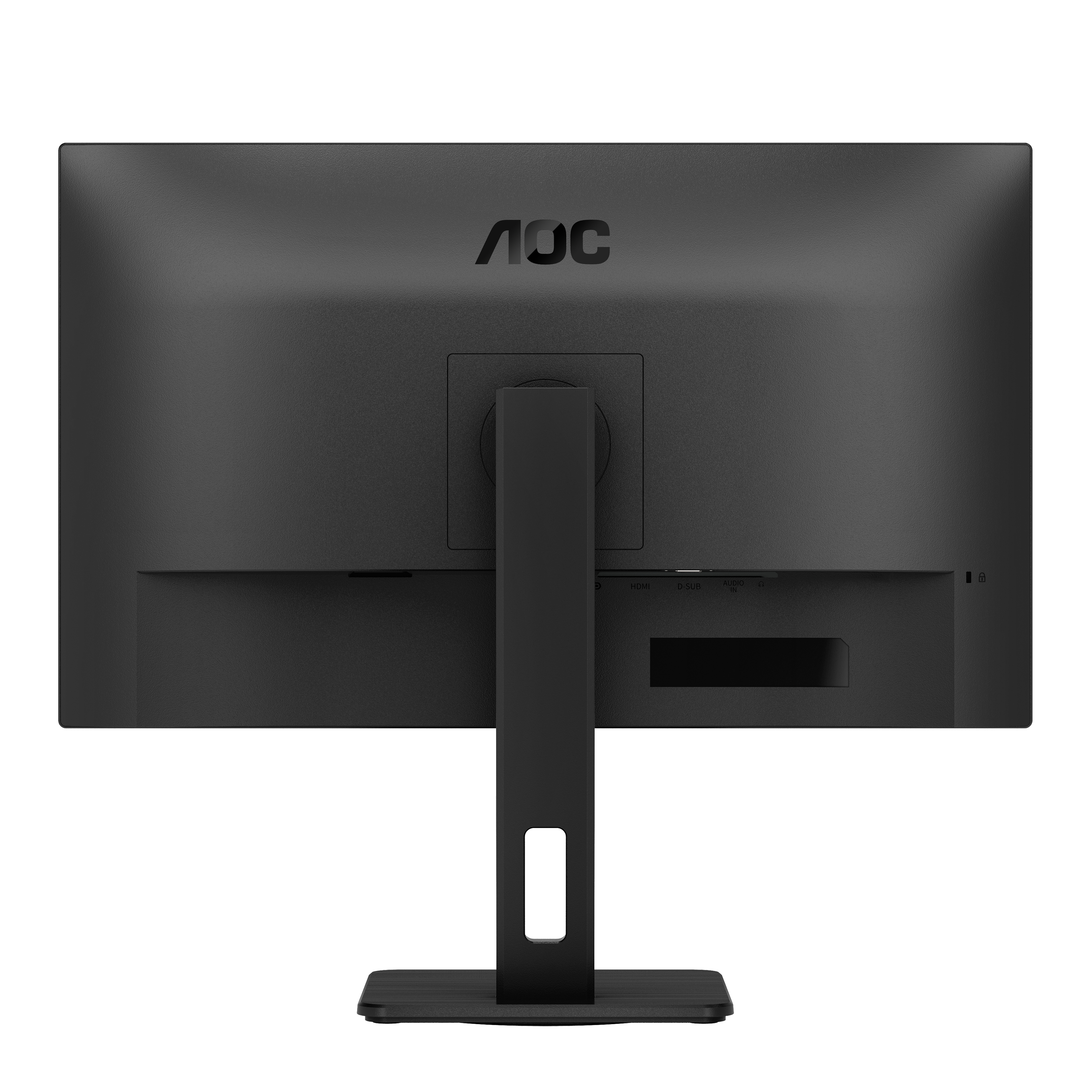 De achterkant van een zwarte computermonitor met AOC-branding. Hij staat op een zwarte standaard.
