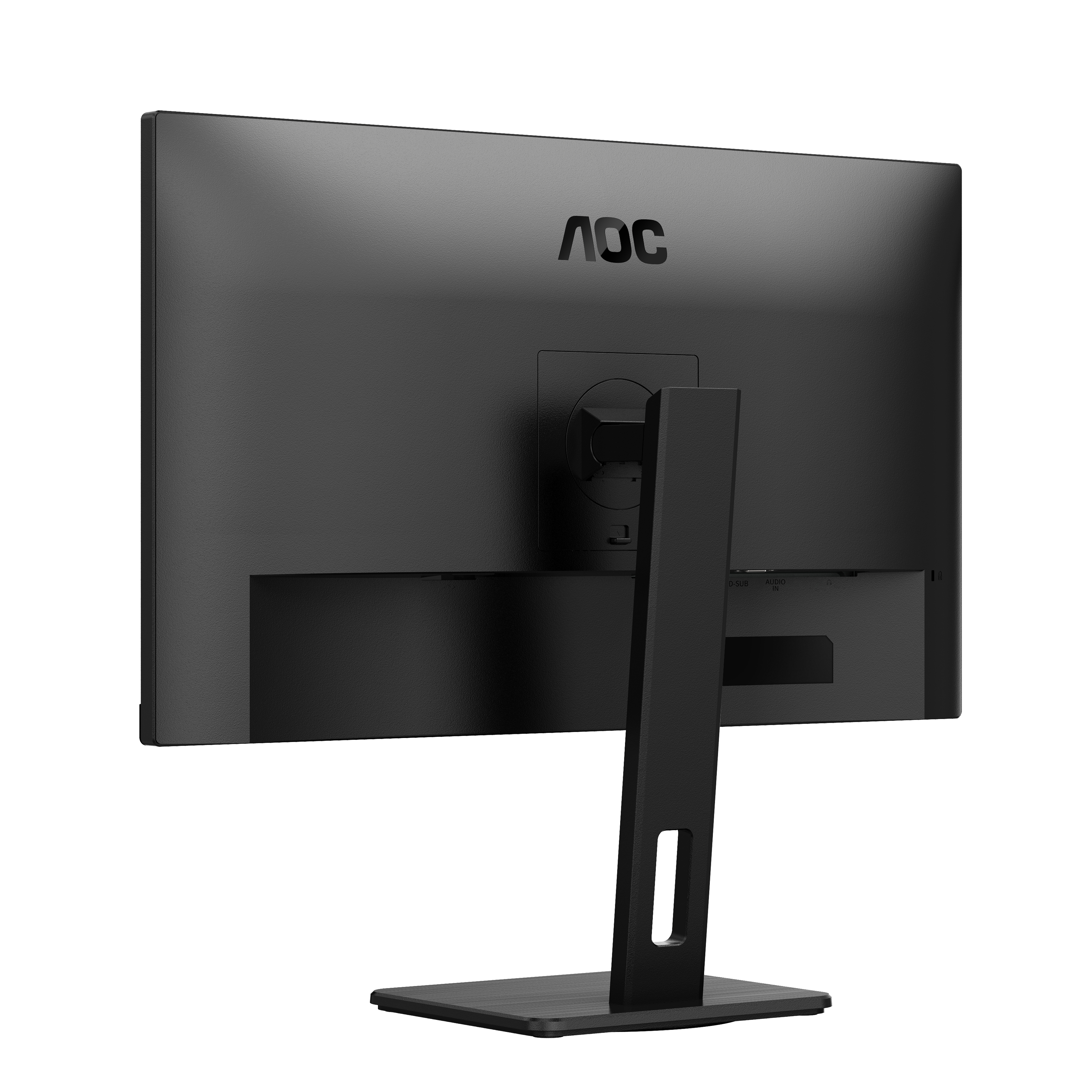 Zwarte computermonitor achterkant. Het heeft een standaard en het logo AOC.