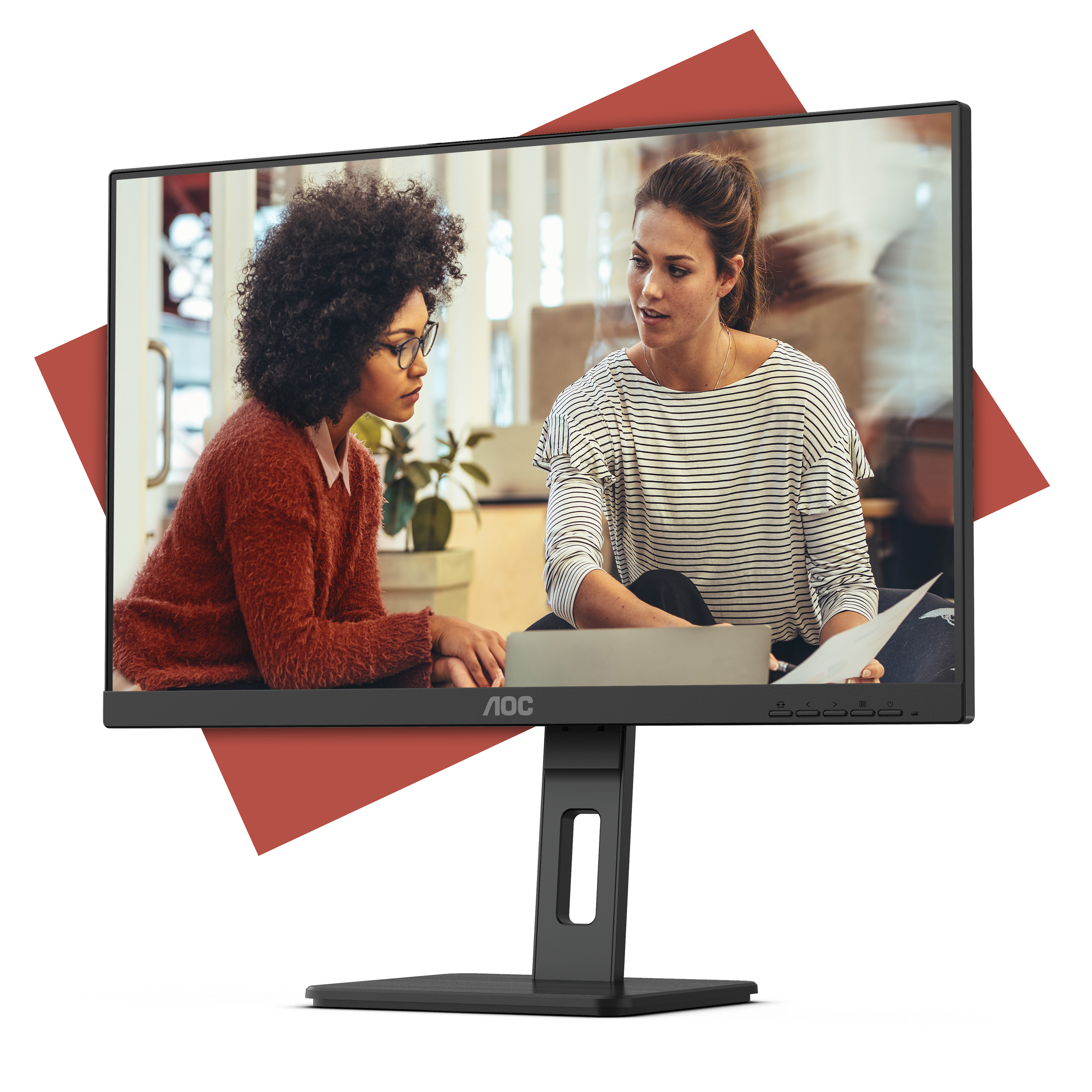 Monitor met twee mensen in een moderne kantooromgeving, met rode accenten.