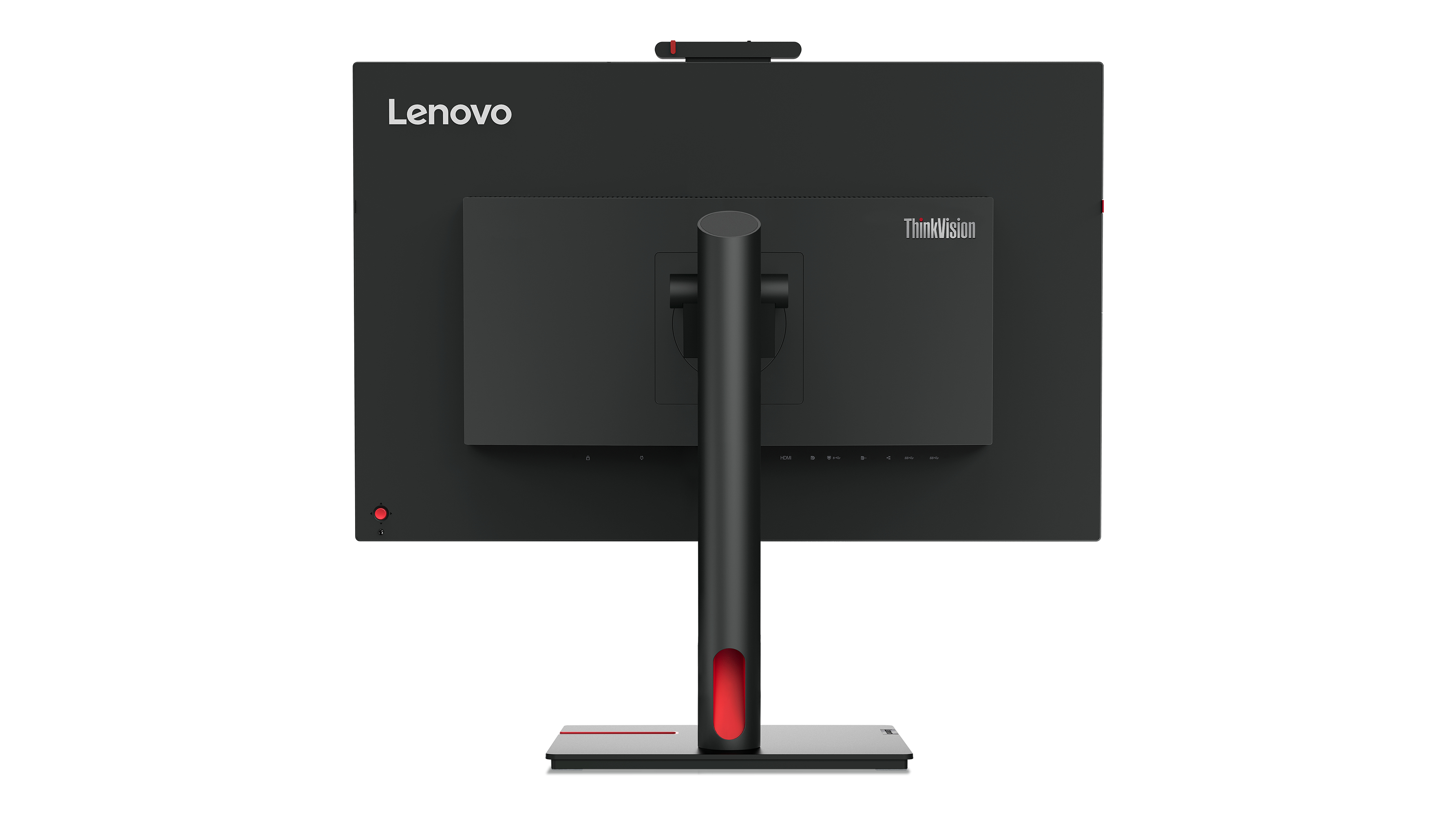 Tył czarnego monitora Lenovo z kamerą na górze, podstawą ze stojakiem i czerwonym spodem.