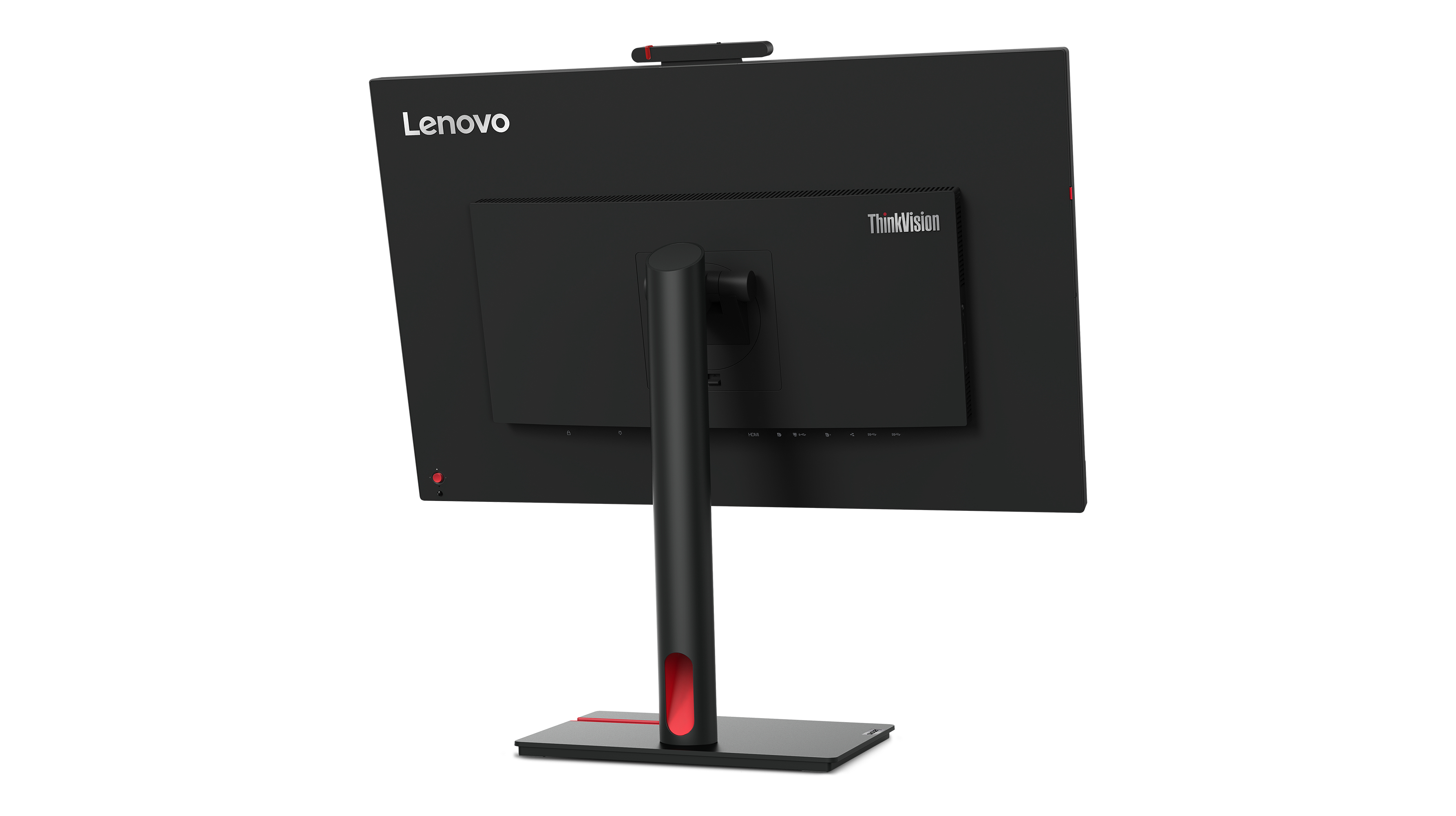 Tył czarnego monitora Lenovo ze stojakiem, czerwonymi akcentami i logo ThinkVision. Białe tło.