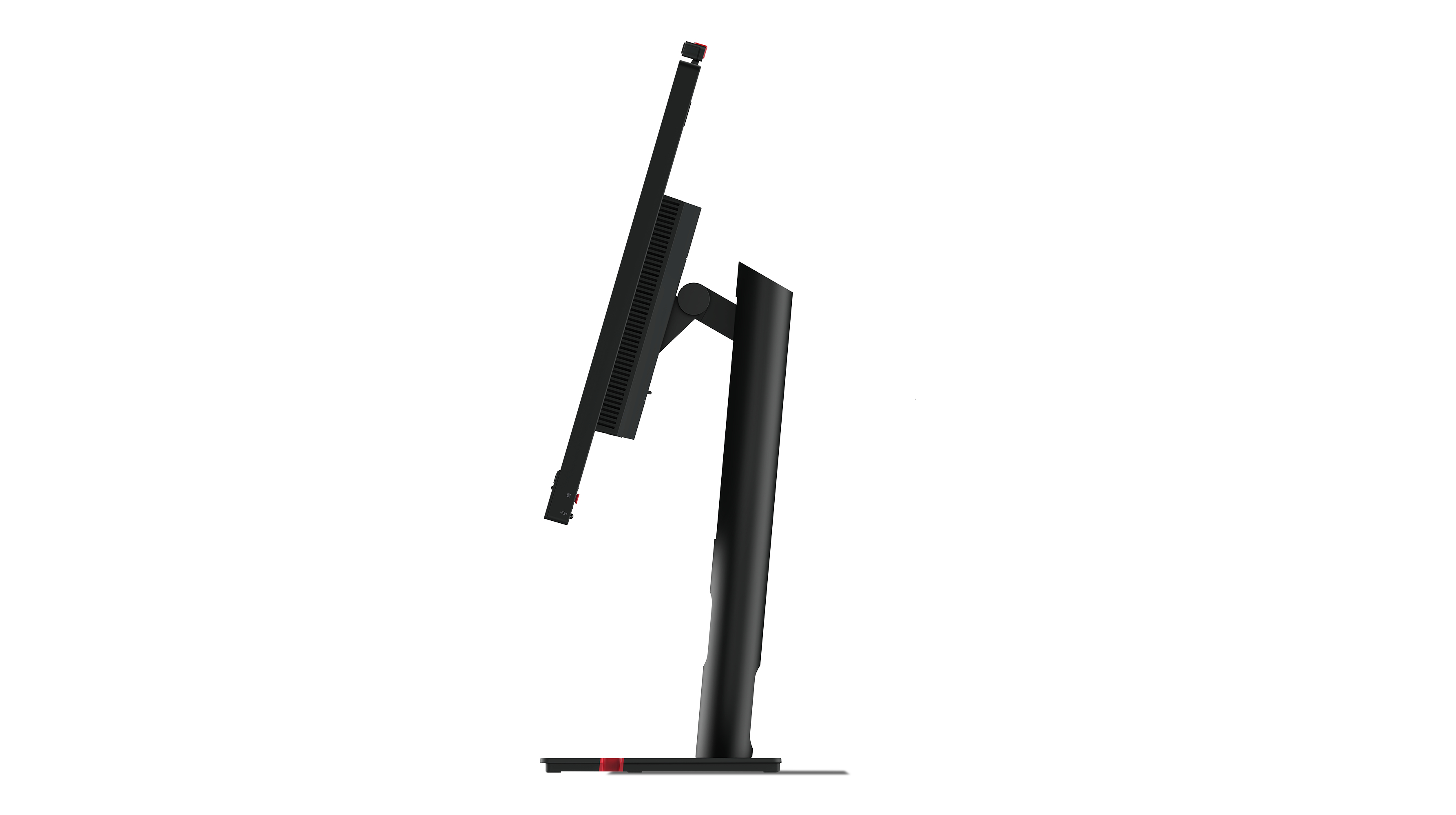 Czarny monitor komputera, pochylony, na czarnej podstawie, białe tło.