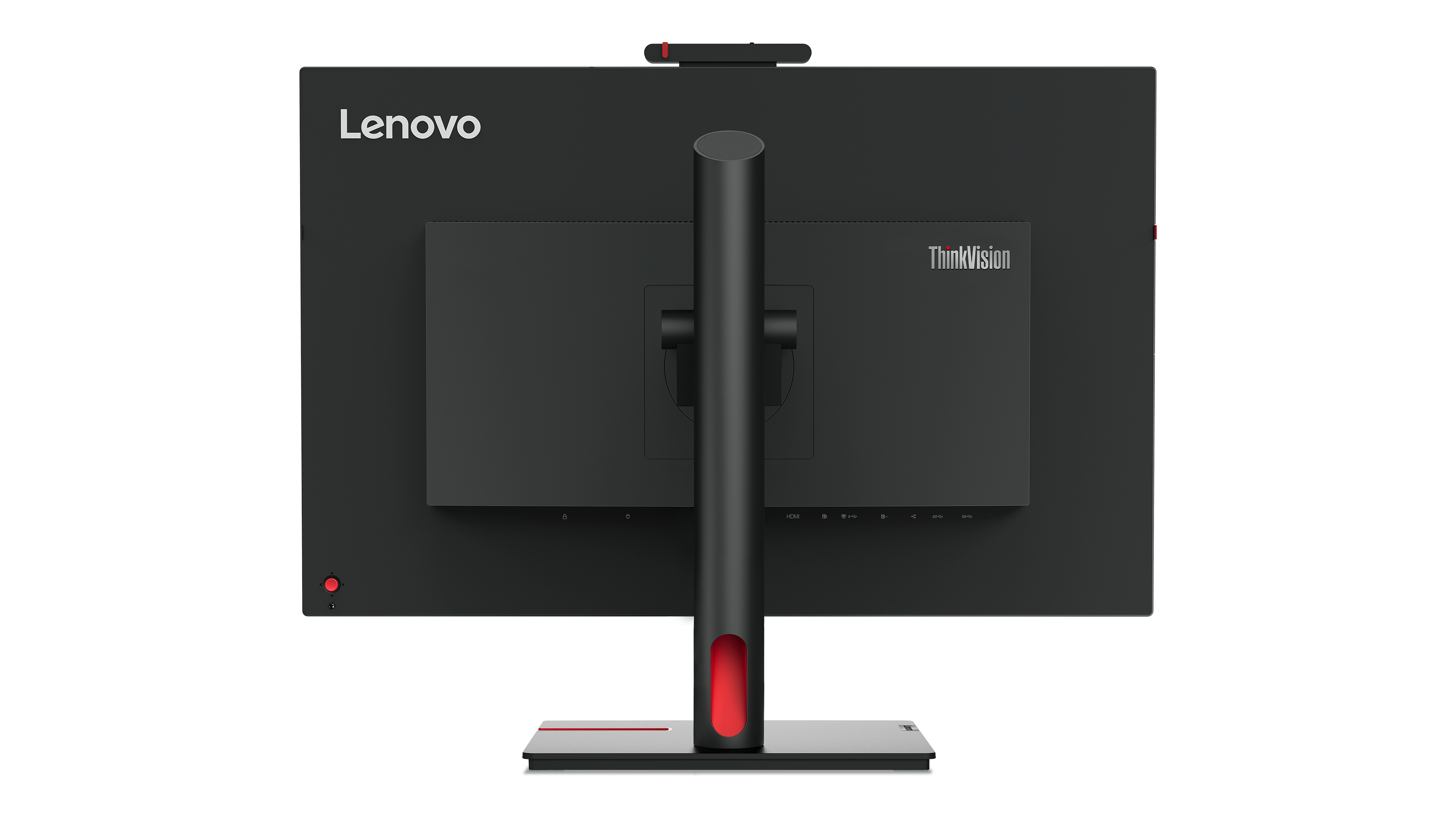 Tył czarnego monitora Lenovo. Na monitorze widnieją napisy Lenovo i ThinkVision.