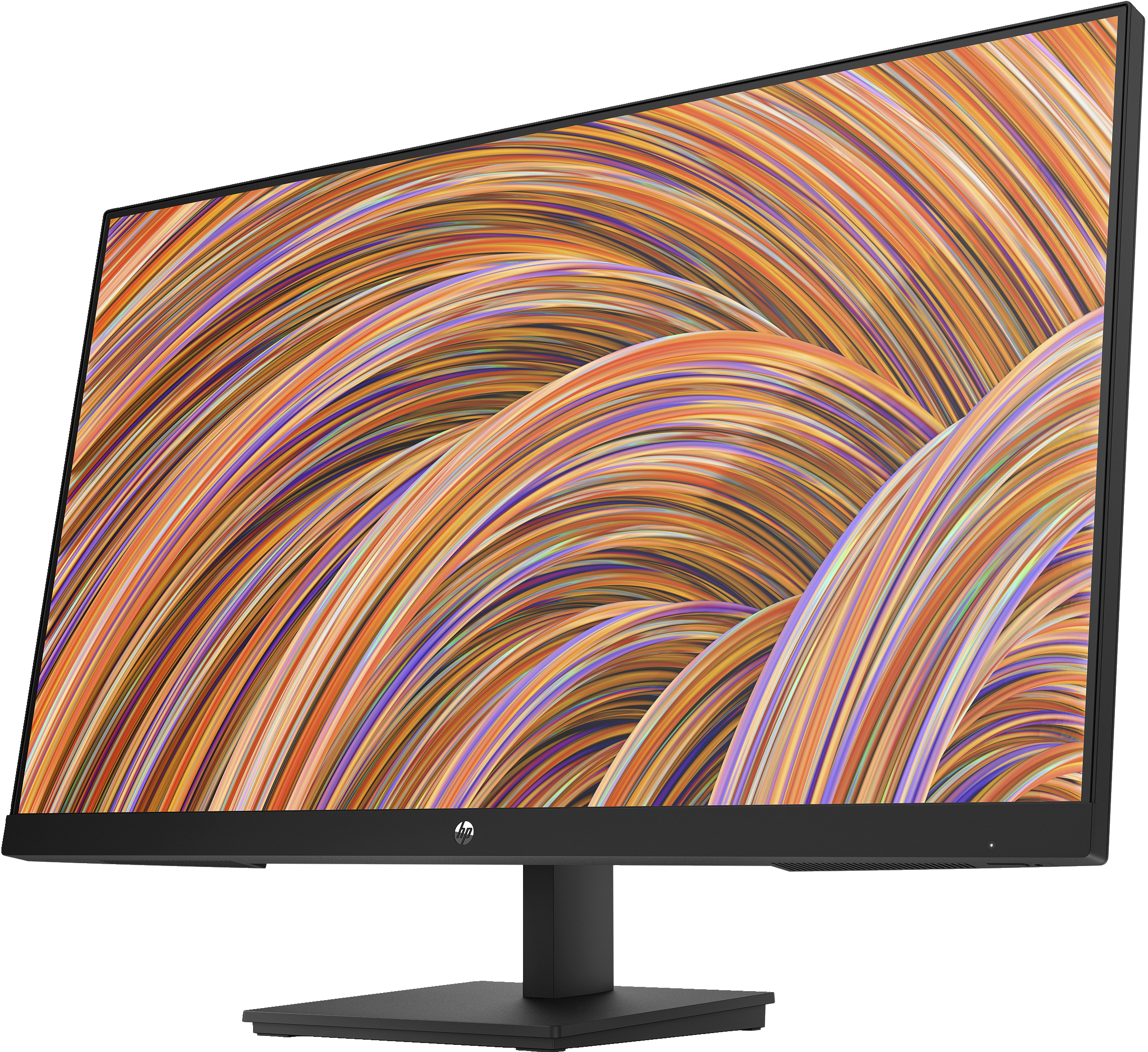 Monitor HP negro mostrando patrones abstractos de olas naranjas y moradas, soporte negro.