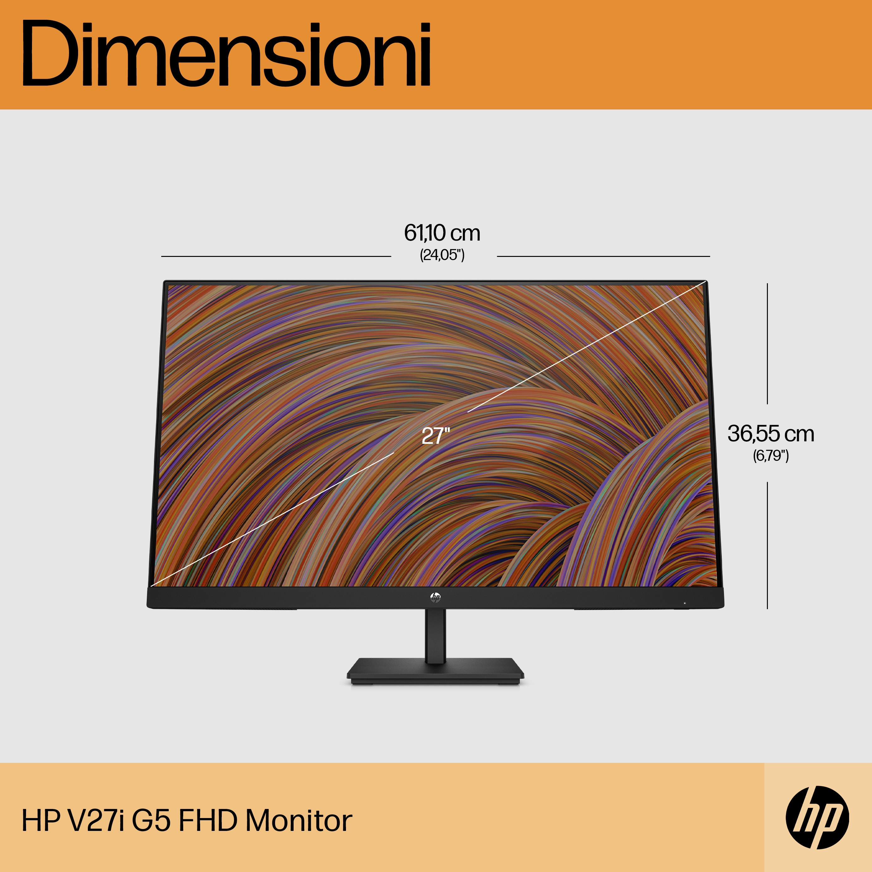 Un monitor con dimensiones y texto, etiquetado HP V27i G5 FHD Monitor.