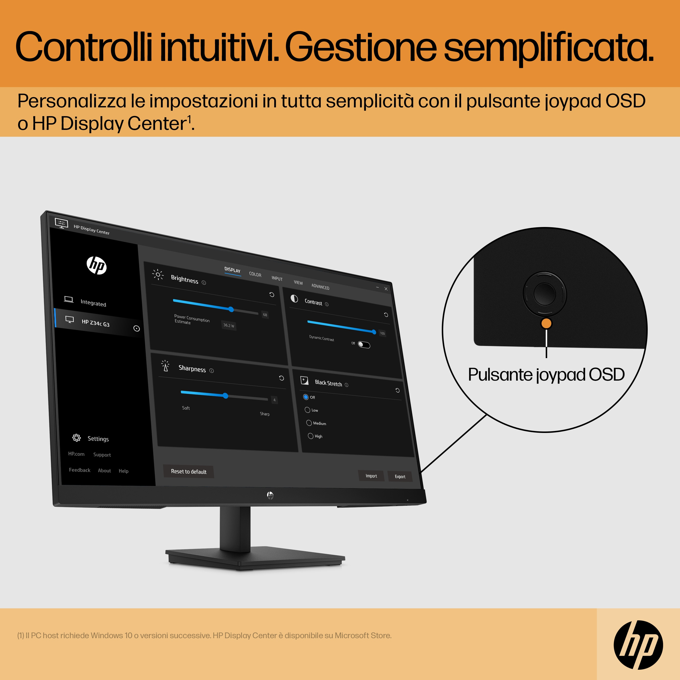 El monitor muestra el menú de configuración, incluyendo opciones de brillo y contraste. Hay un logotipo de HP y un botón de joystick.