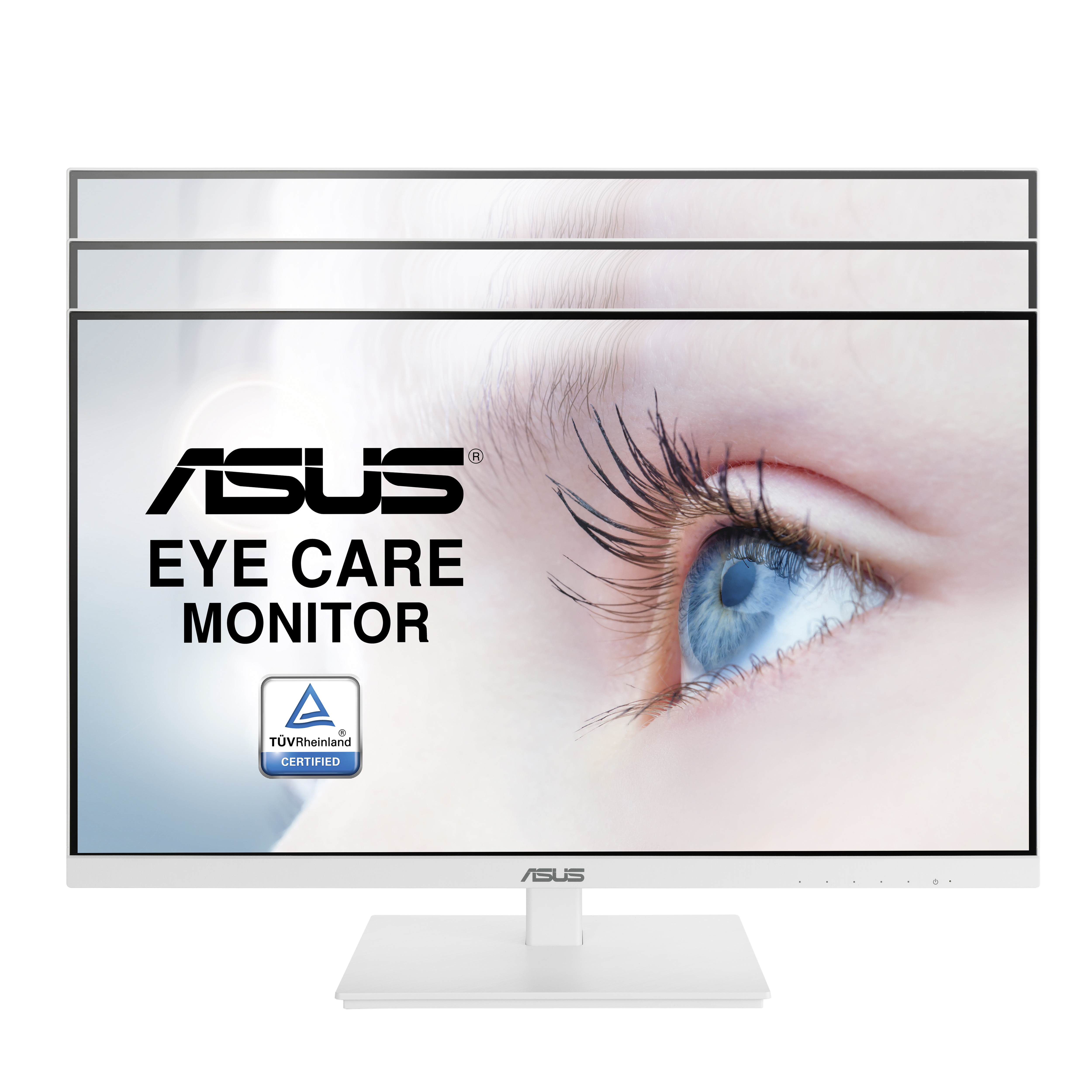 Biały monitor z obrazem oka i logo ASUS. Stojak i podstawa są białe.