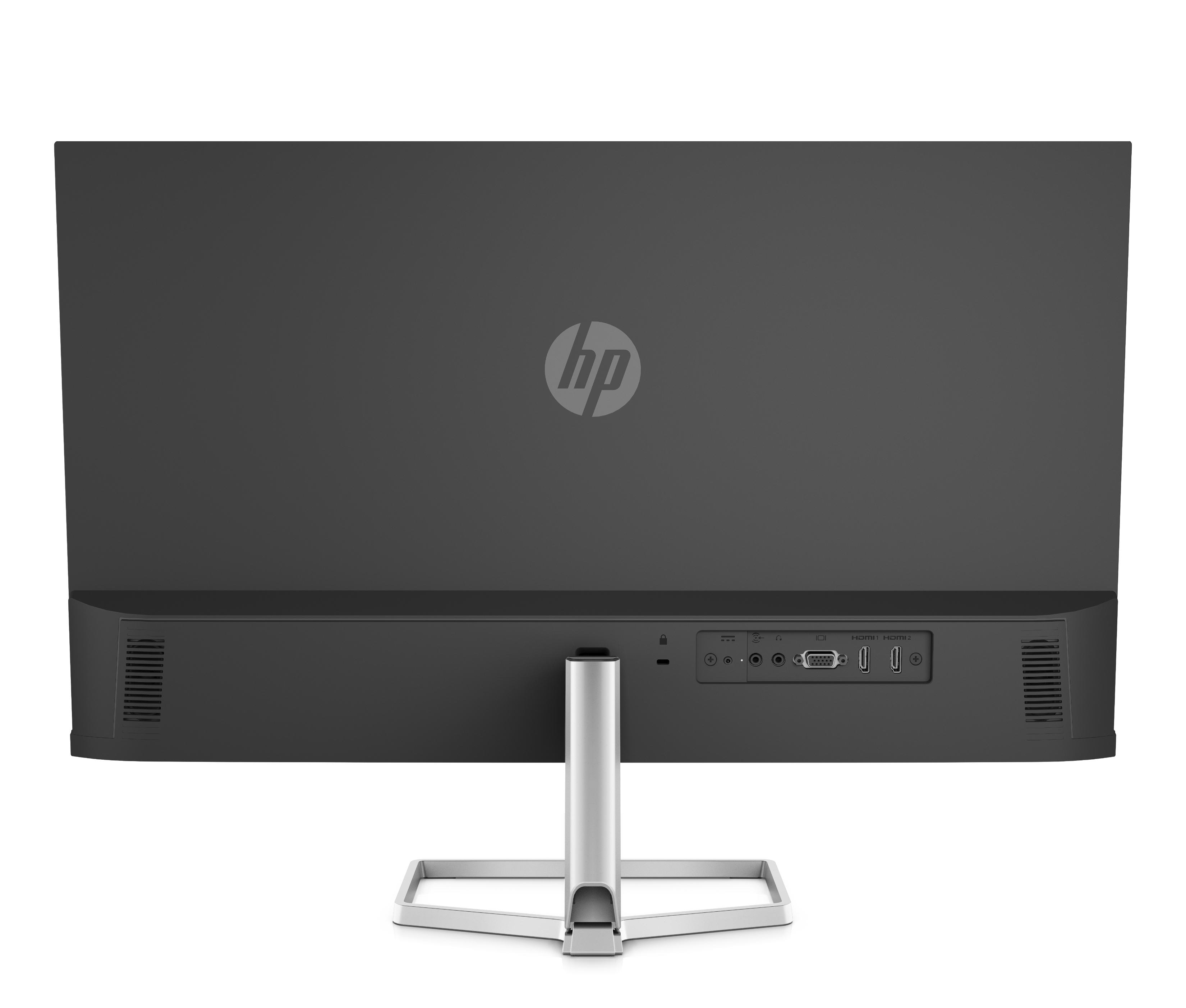 Retro di un monitor HP nero. Include varie porte e un supporto argentato. Il logo HP è al centro.