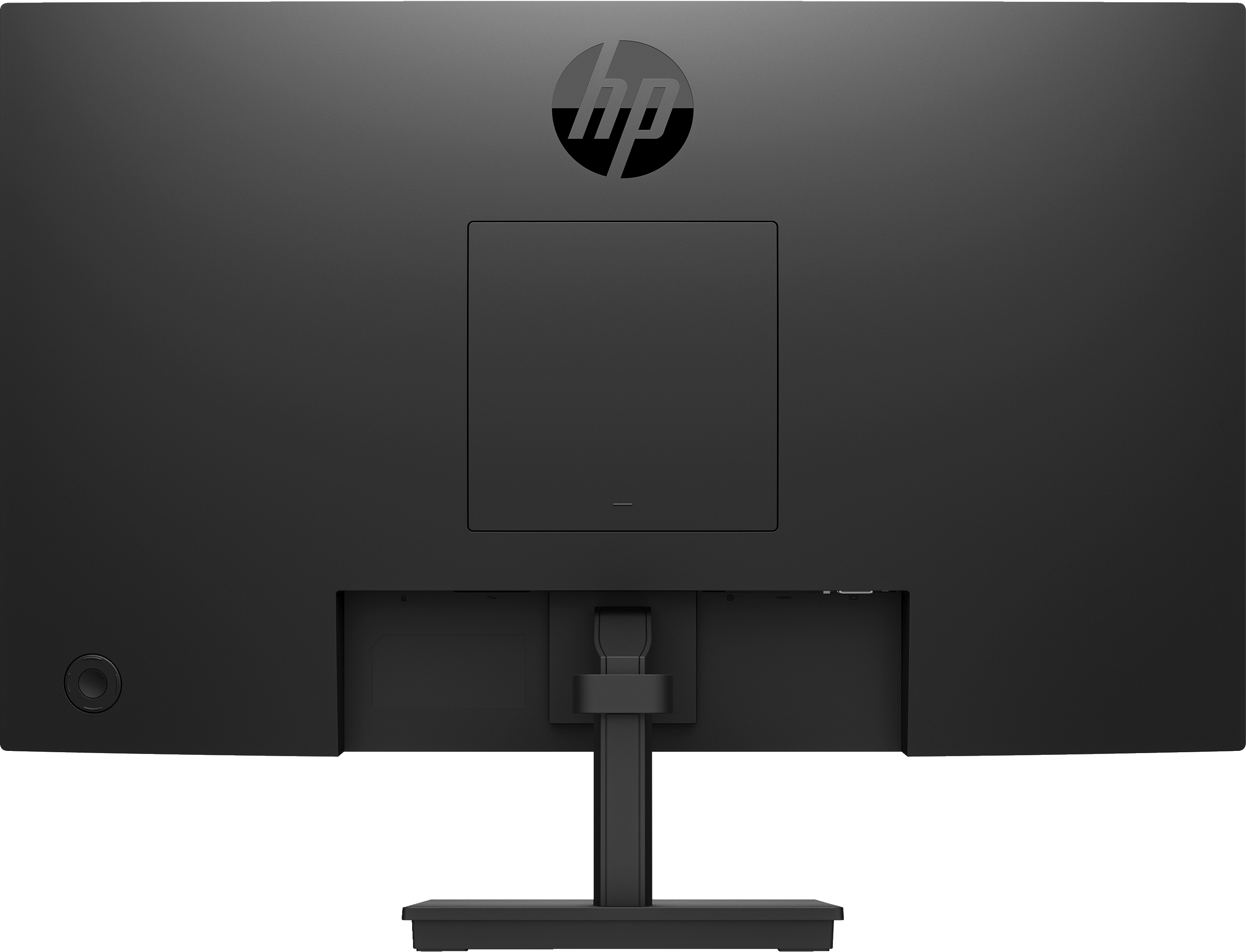 Tył czarnego monitora HP z przyciskiem zasilania i portami.