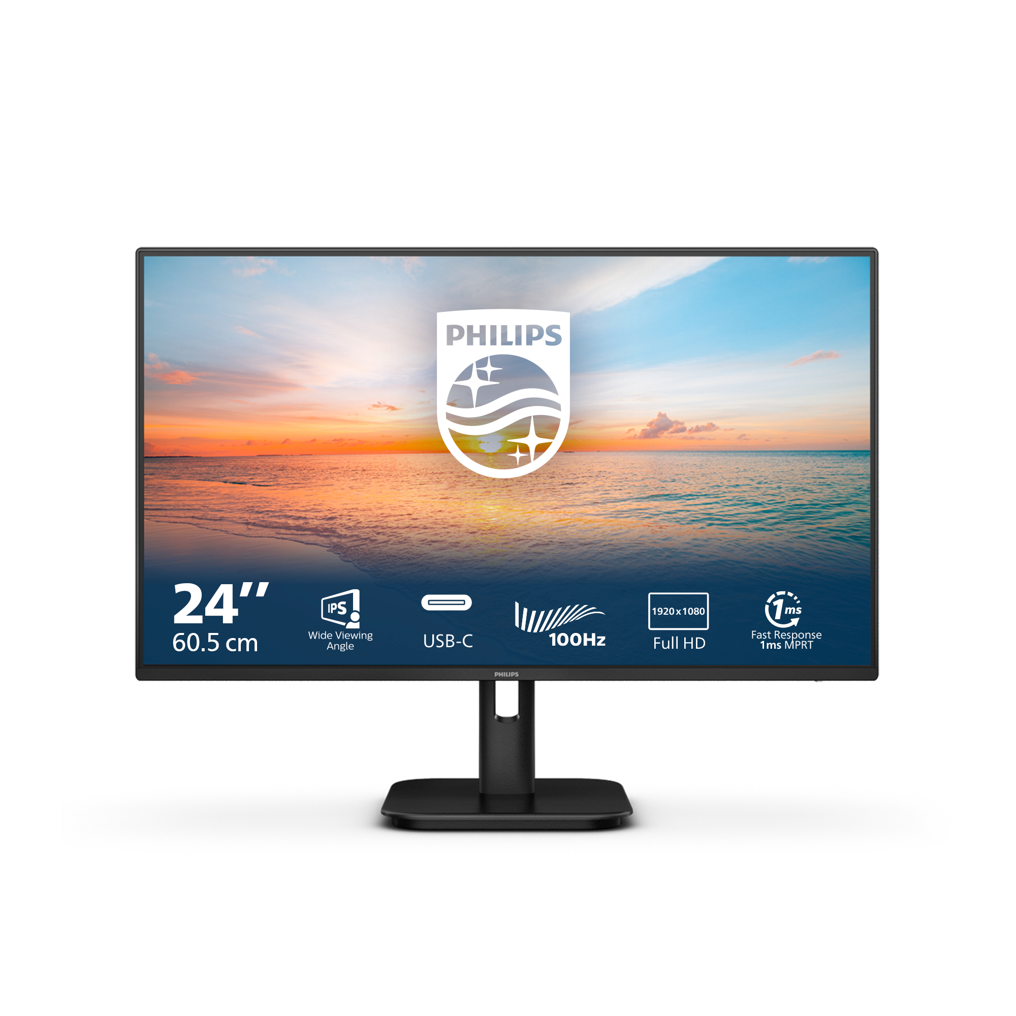 Monitor Philips. Wyświetla scenę zachodu słońca i funkcje takie jak 24", USB-C i 100Hz.