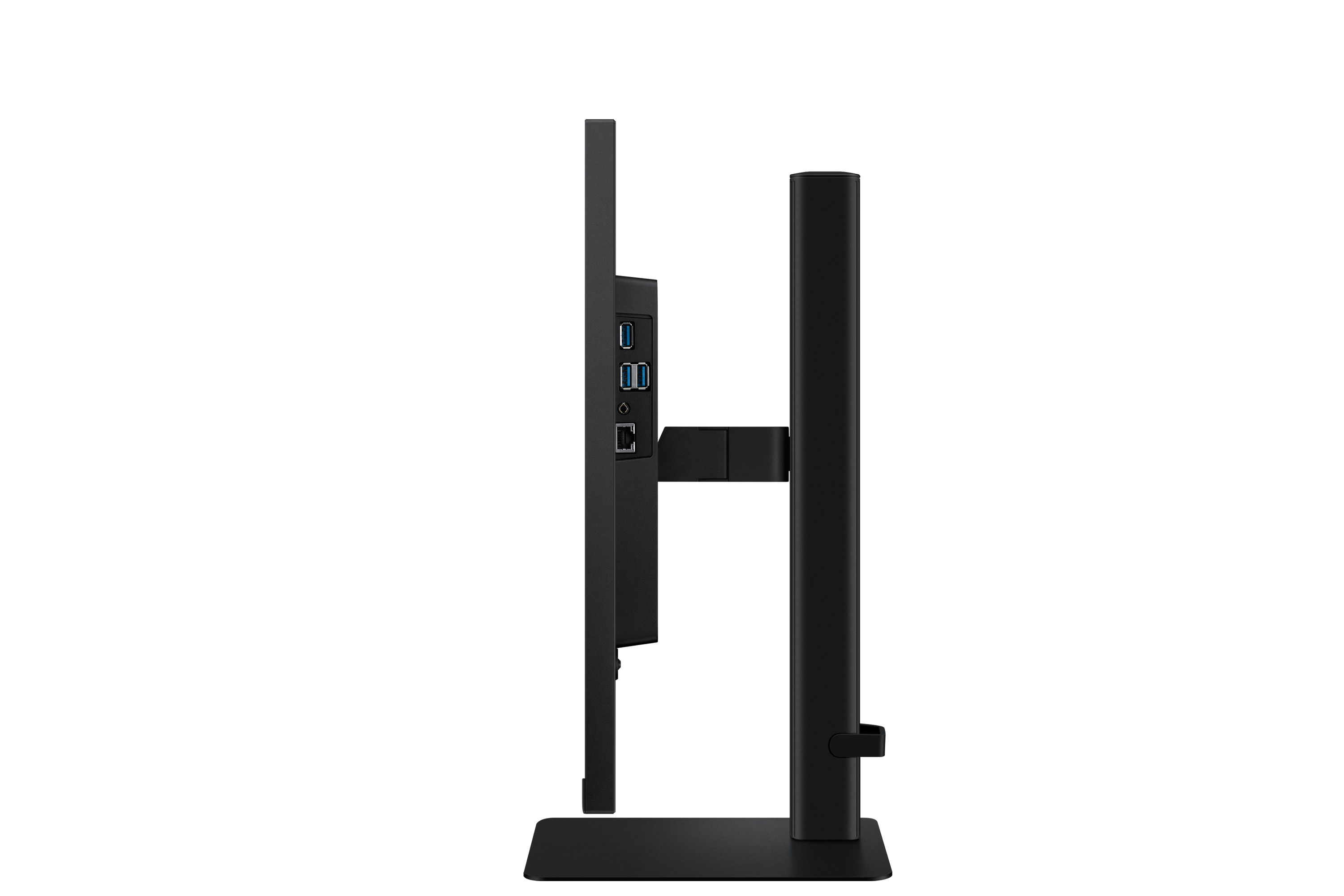 Czarny monitor, widok z boku. Stojak, widoczne porty. Białe tło.