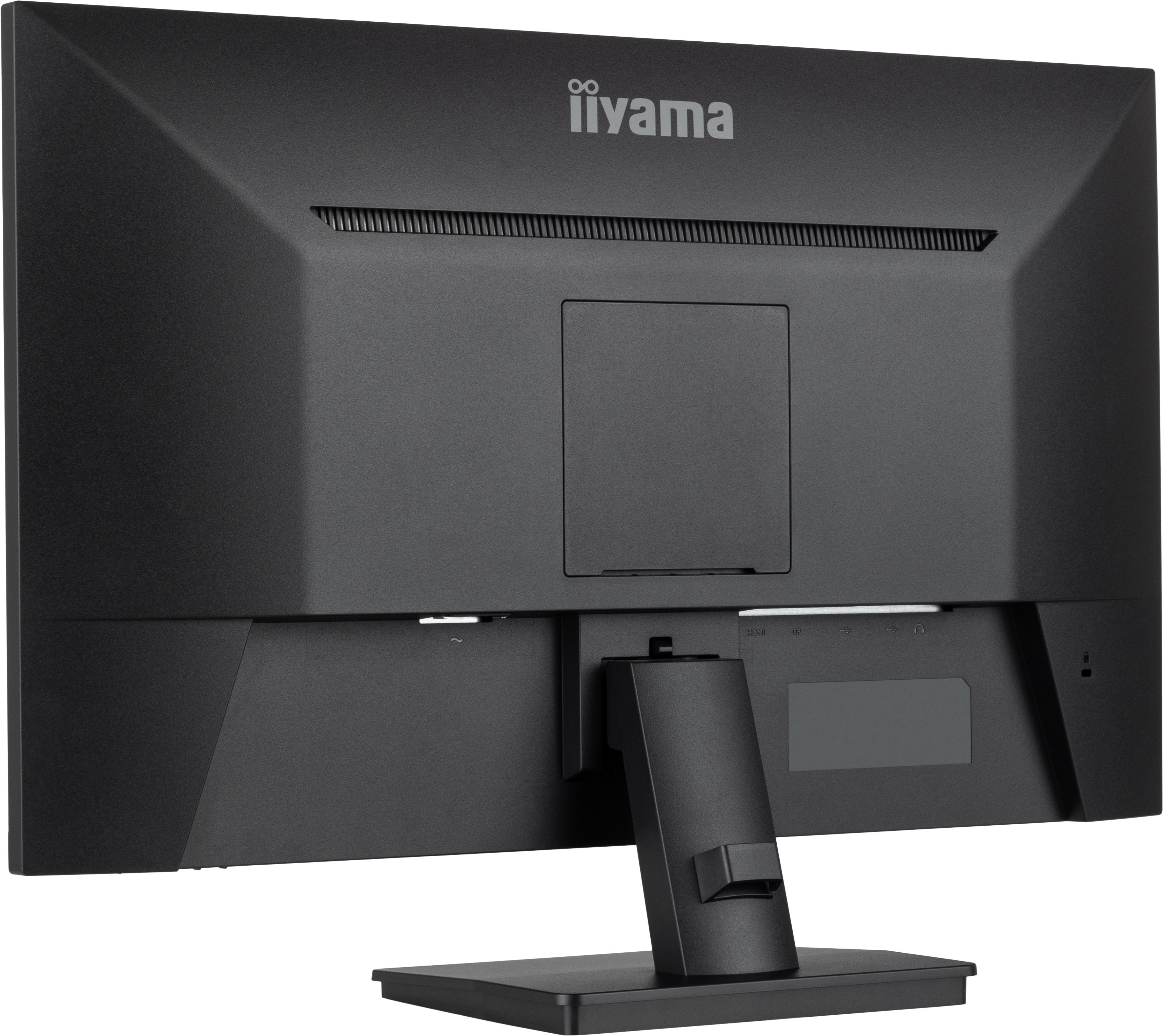 La parte trasera de un monitor iiYama negro, mostrando puertos, ventilaciones y un soporte.